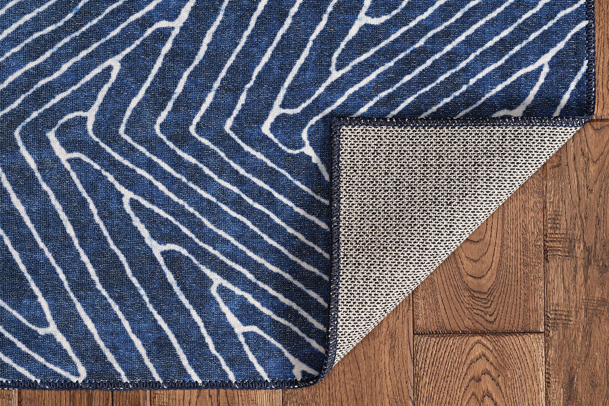 Linon Home Decor Washable Area Rug 5' x 7' - Varishna Blue & Ivory Indoor/Outdoor Rug for Living Room, Bedroom, Patio - Machine Washable & Stain Resistant