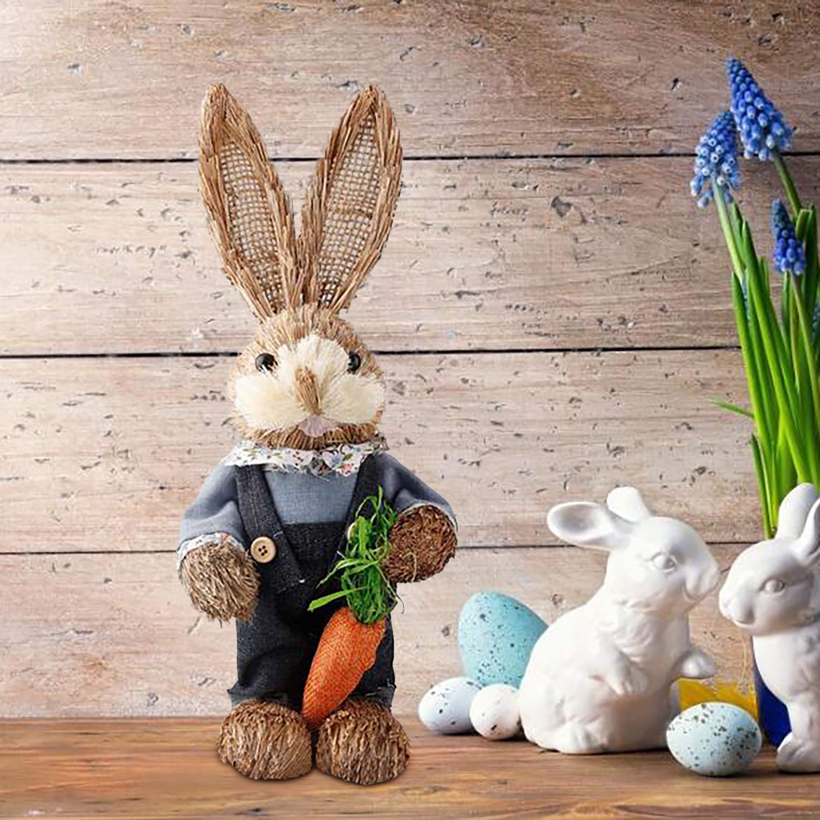 Yowein Easter Straw Rabbit Decor - Cute Standing Bunny with Carrot, Sisal Easter Bunny Decoration for Home, Indoor Photo Props, Easter Party & Spring Festival Decorations