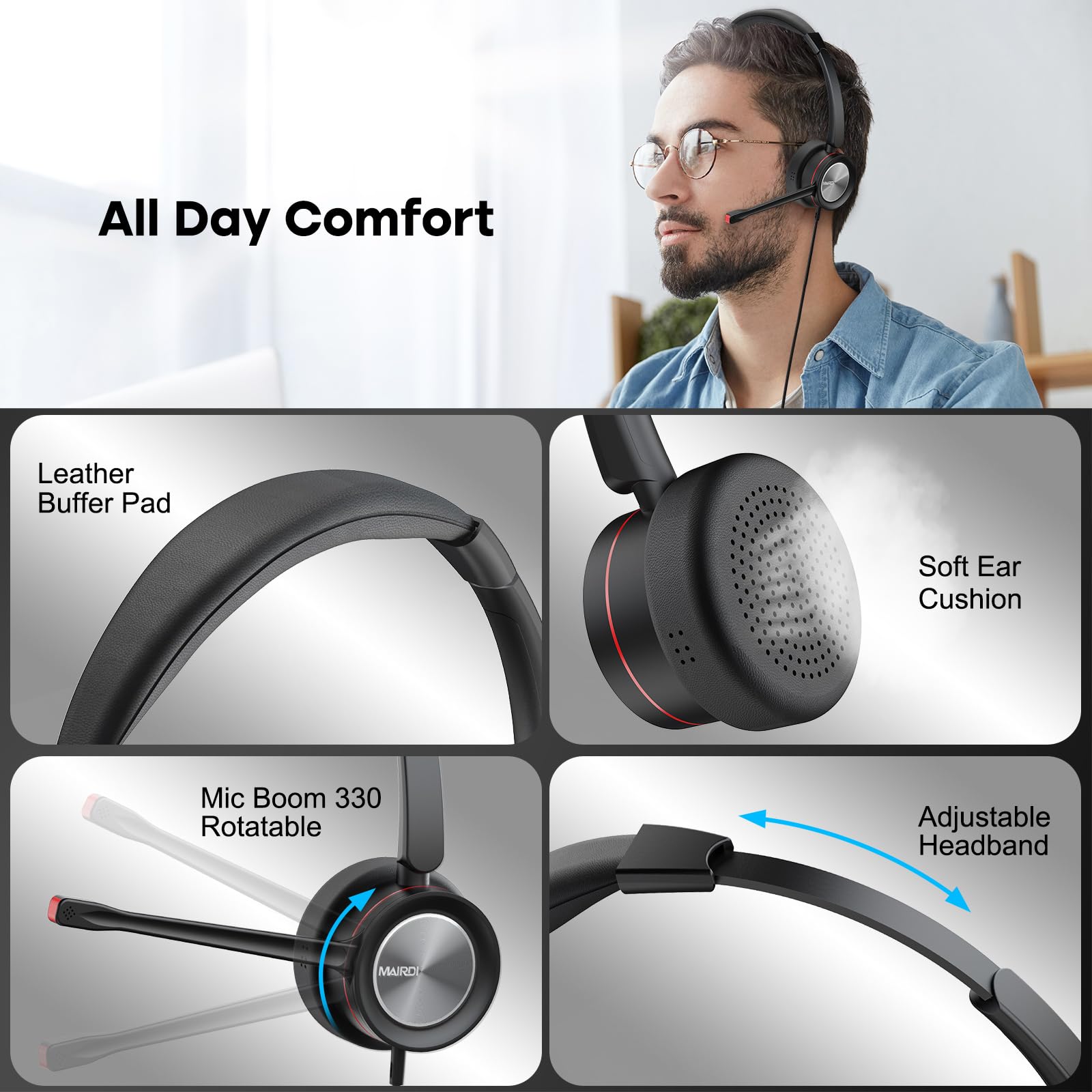 MAIRDI USB Headset with Noise Canceling Microphone for PC, Laptop - Computer Headset for Office Work, Call Center, Business Softphone, Teams & Zoom Meetings - Perfect for Remote Work & Online Classes