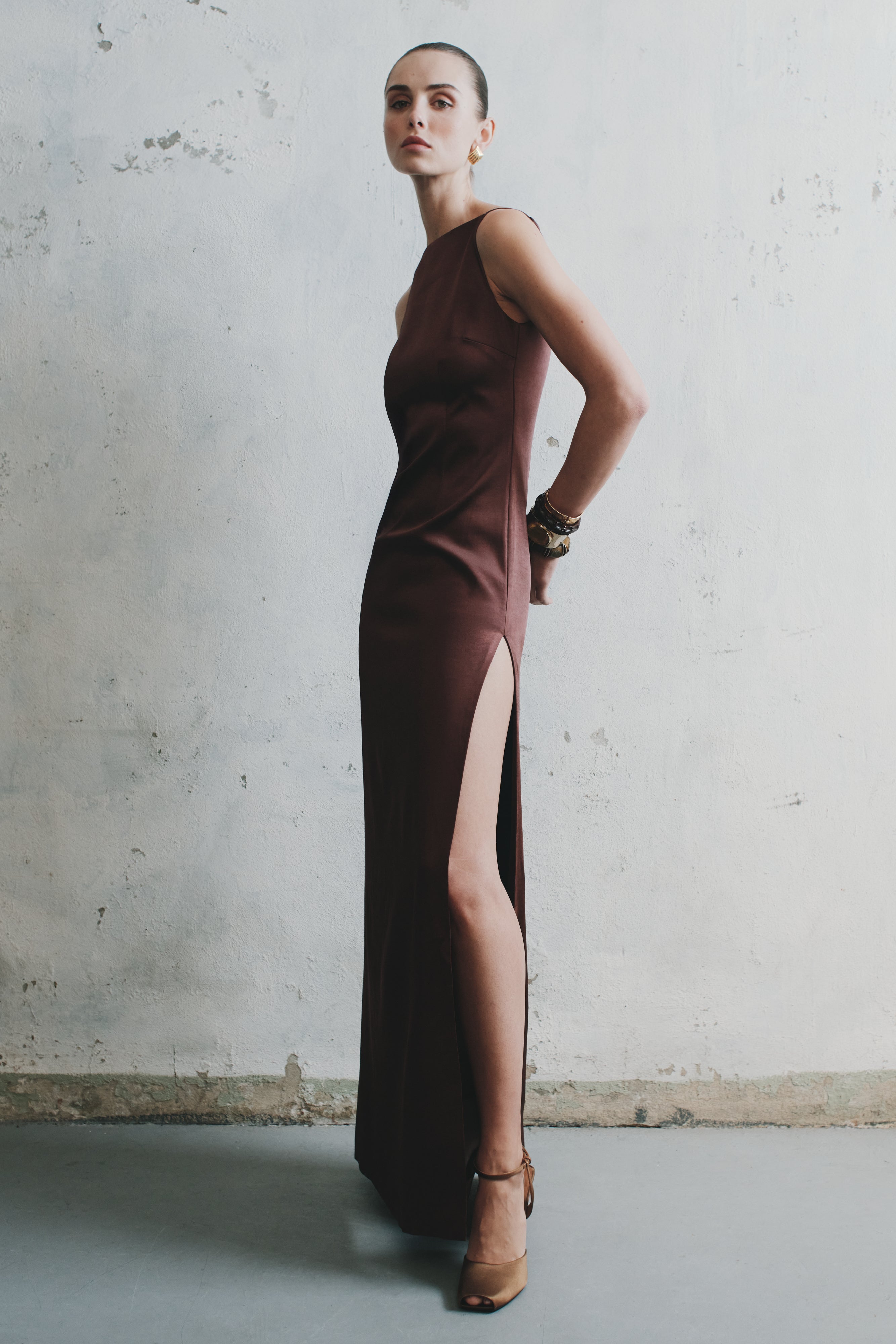 Elegant Violet Sleeveless Satin Maxi Dress in Dark Chocolate - Perfect for Evening Parties, Weddings & Summer Vacations
