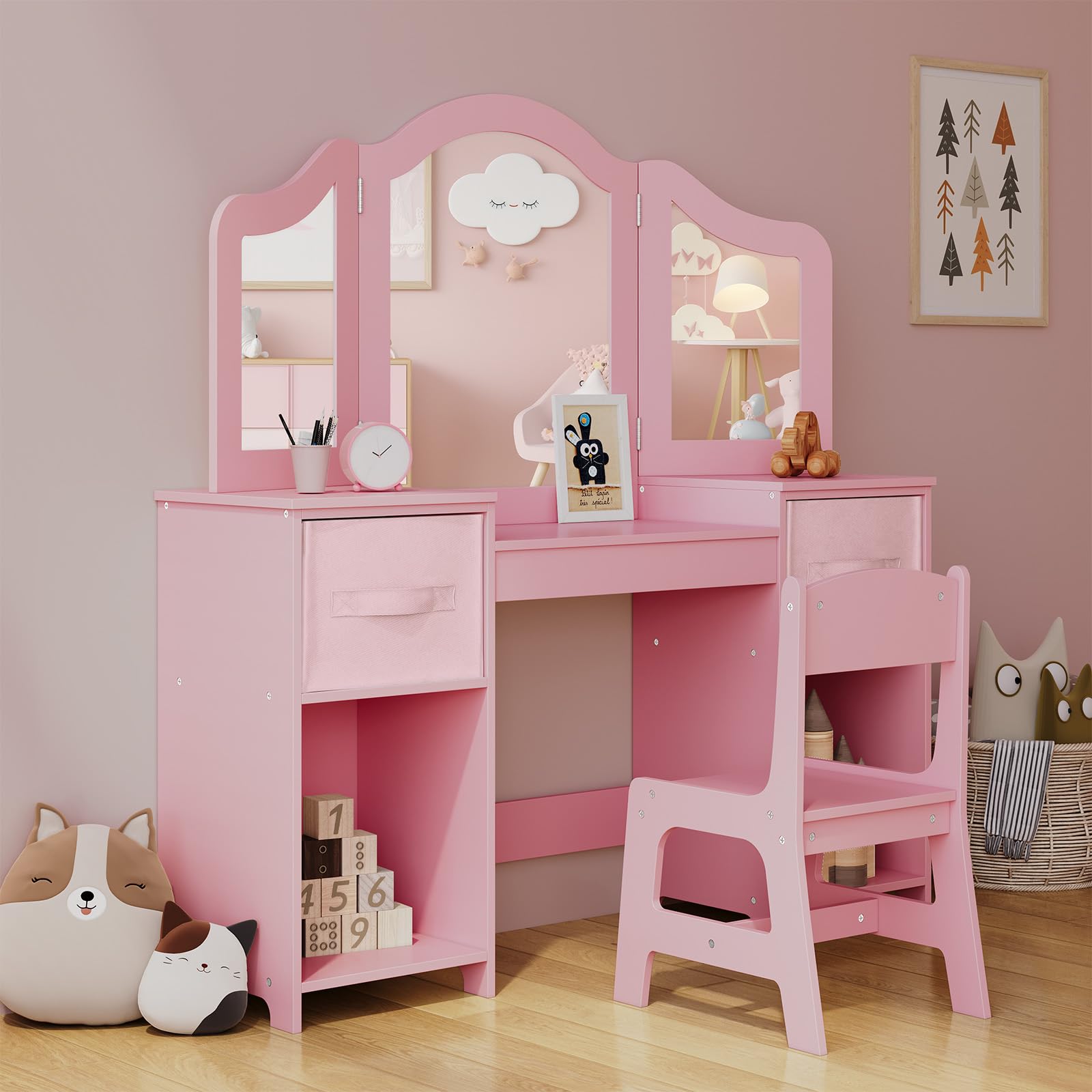 Arlopu Pink Wooden Kids Vanity Set with Tri-Folding Mirror & Stool - Princess Dressing Table for Toddler Girls, Makeup Play Table with Canvas Drawer - Perfect for Birthday Gifts, Pretend Play & Bedroom Decor