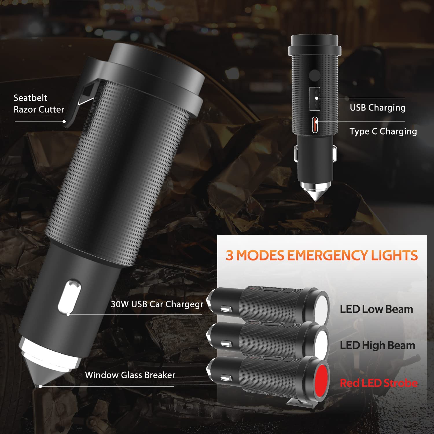 Car Emergency Flashlight & Escape Tool Kit - Rechargeable USB-C Strobe Light with Window Breaker, Compact Travel Survival Gear for Vehicles (Black) | Perfect for Roadside Emergencies, Camping & Outdoor Adventures