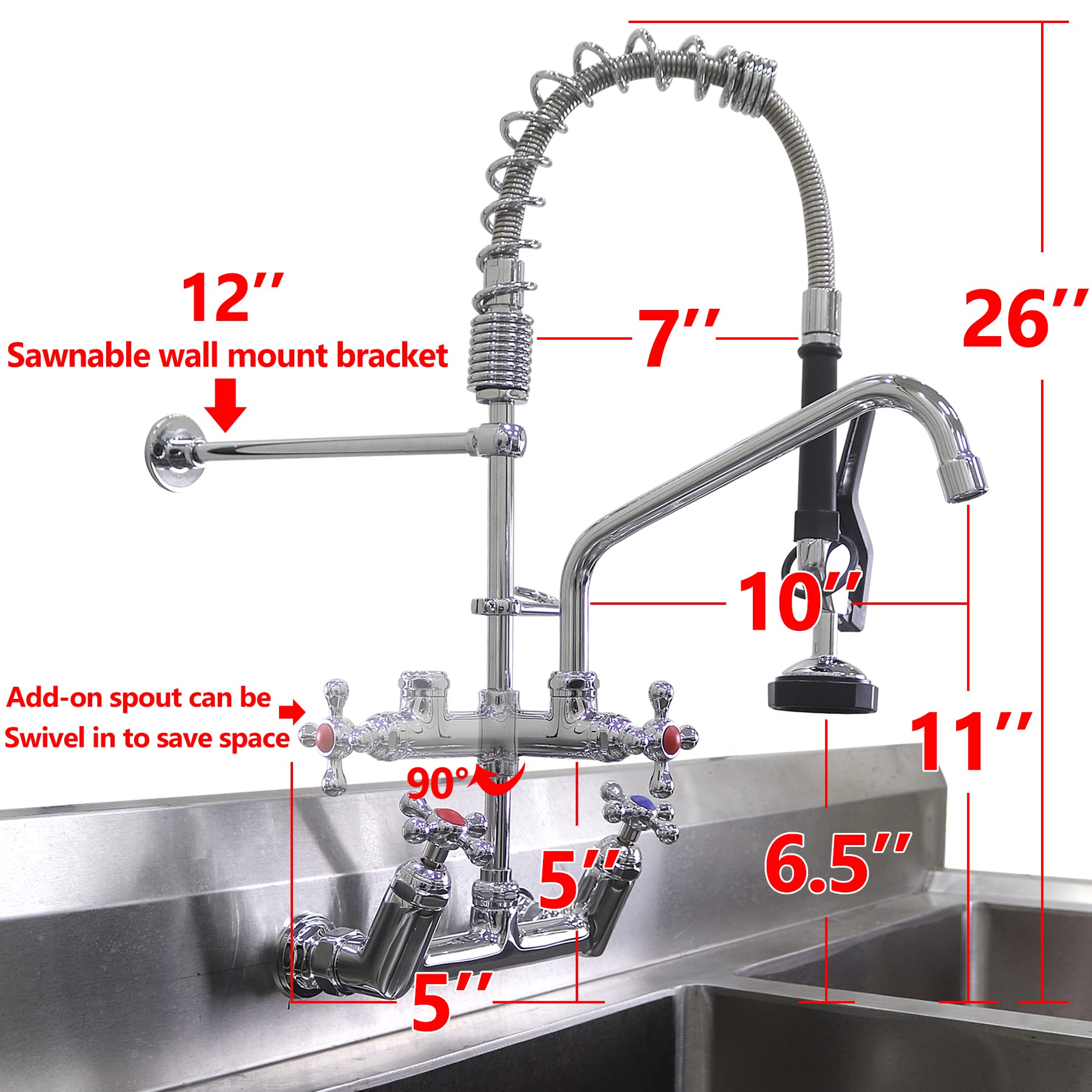 Commercial Pre-Rinse Sink Faucet - 8 Inch Wall Mount Restaurant Faucet with 10 Inch Swing Spout & Pull Down Sprayer (26 Inch Height) - Ideal for Commercial Kitchens, Restaurants, and Food Service Areas
