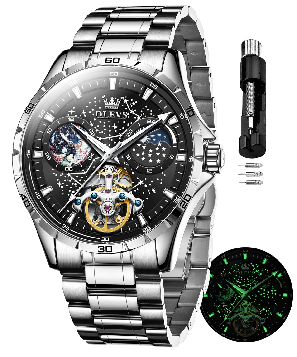 OLEVS Men's Automatic Mechanical Watch with Skeleton Tourbillon, Starry Sky Dial, Moon Phase, Luminous & Waterproof - Luxury Business Dress Wristwatch for Men - Perfect for Formal Events, Office Wear & Special Occasions