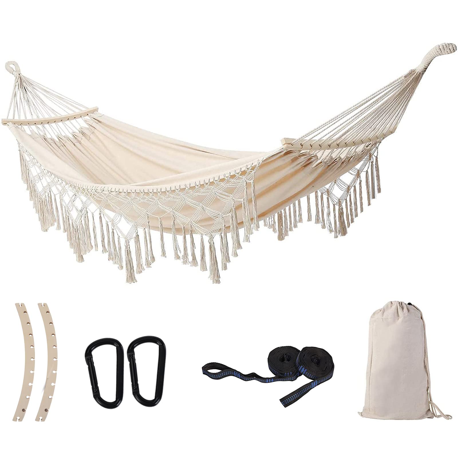Double Hammock Swing Chair - 500lbs Weight Capacity, Macrame Design for Indoor & Outdoor Use - Perfect for Patio, Yard, Garden Relaxation (Beige)
