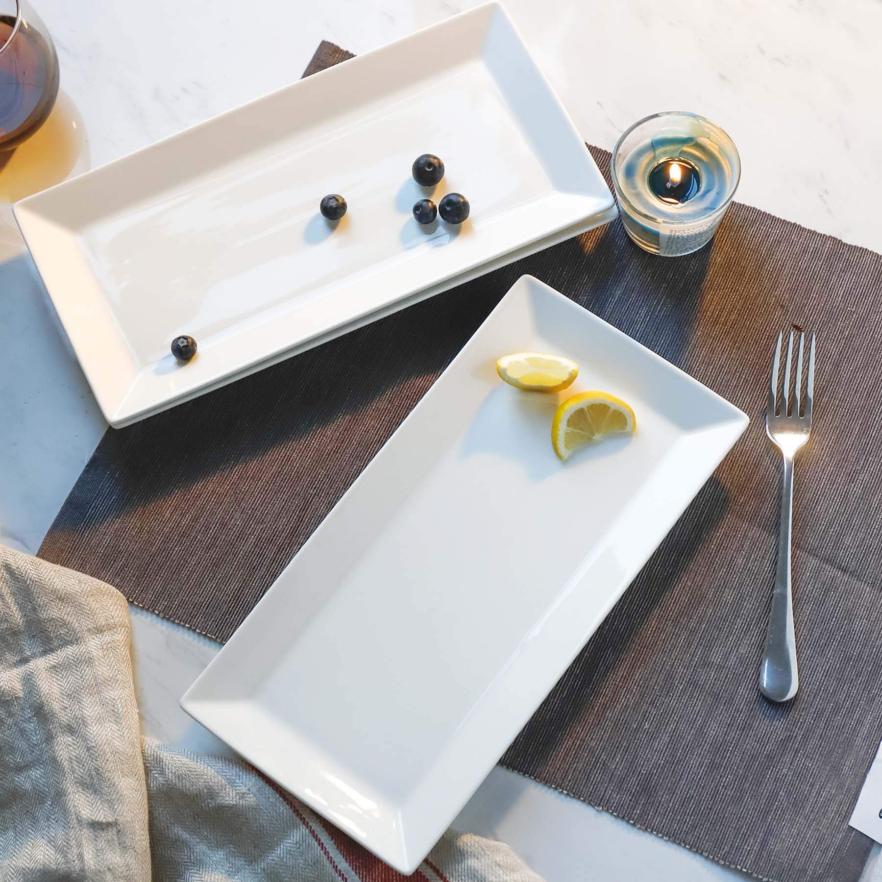 Sweese 12-Inch Porcelain Serving Tray - White Rectangular Platter for Sushi, Meat, Desserts & Cakes | Microwave & Dishwasher Safe Stackable Set of 4 | Perfect for Restaurants, Banquets, Parties & Home Entertaining