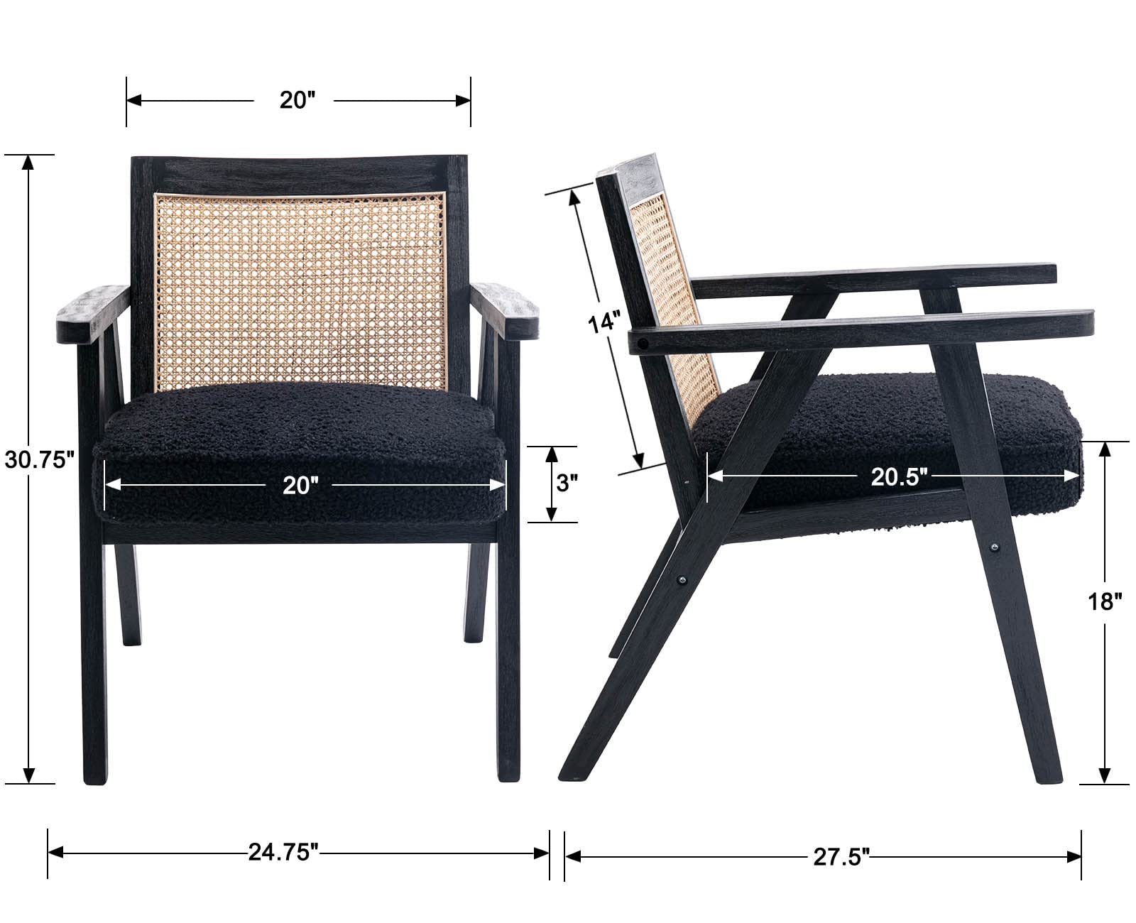 Modern Rattan Accent Chairs Set of 2 - Boho Style Cane Back Armchairs with Black Boucle Sherpa Upholstery, Oversized Cozy Reading Chairs with Wood Frame for Living Room, Bedroom, Nursery or Office - Perfect for Relaxing, Reading and Home Decor