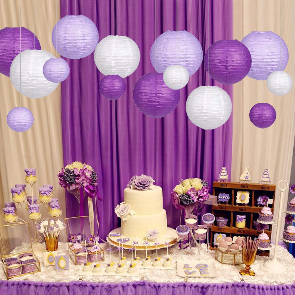 15pcs Round Hanging Paper Lanterns for Party Decor - Purple Lavender White Wedding Bachelorette Engagement Birthday Decorations | Indoor Outdoor Home Garden Event Lighting