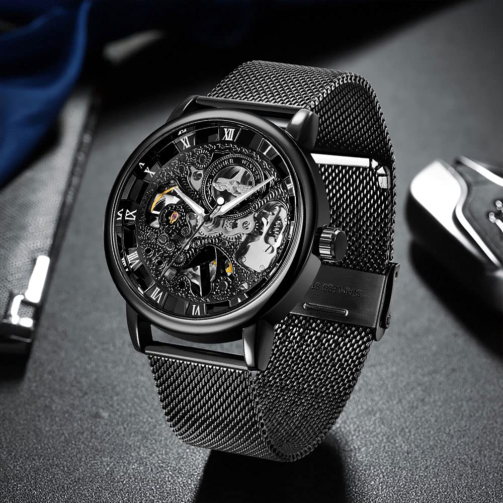 Men's Skeleton Mechanical Watch with Roman Numerals & Mesh Strap - Hand Winding Luminous Waterproof Wristwatch for Business, Casual & Formal Occasions