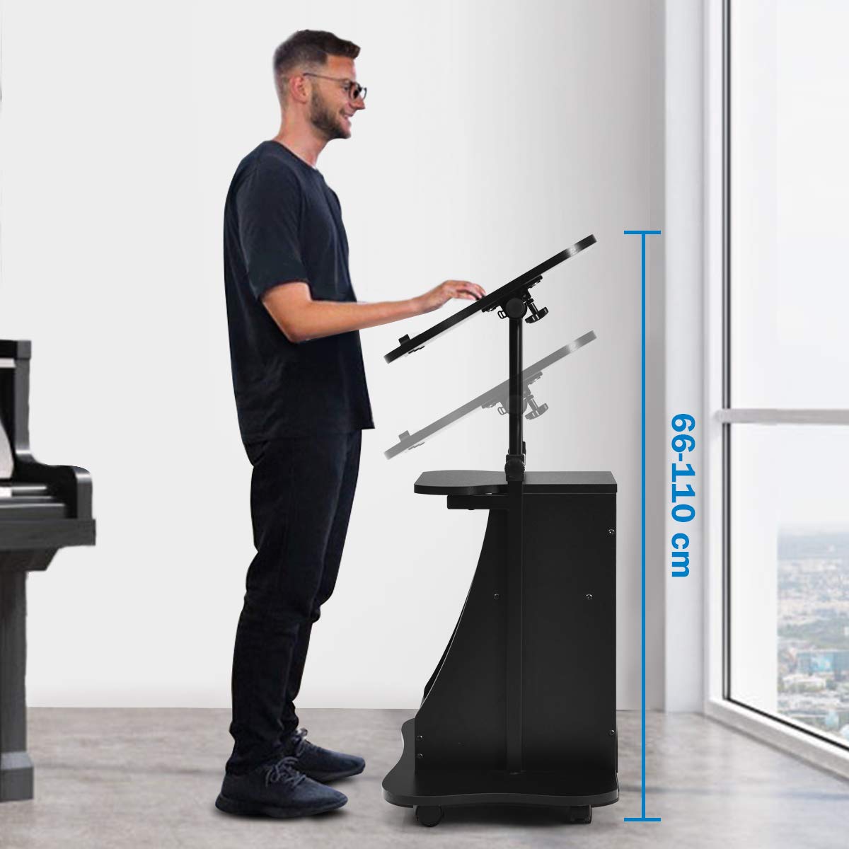 Height Adjustable Mobile Laptop Podium Stand - Rolling Sit to Stand Lectern with Swivel Top & Lockable Wheels, Computer Desk with Shelves for Classroom, Church, Home Office & Conference Room Presentations