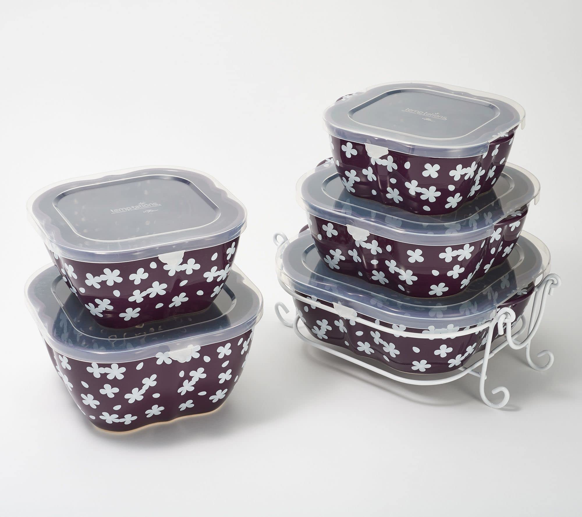 Temp-tations 5-Piece Sculpted Bake & Serve Dish Set - 3 Bakers & 2 Bowls with Plastic Lids, Field of Flowers Design (Eggplant Purple) - Perfect for Baking, Serving, and Food Storage at Parties, Holidays & Family Gatherings