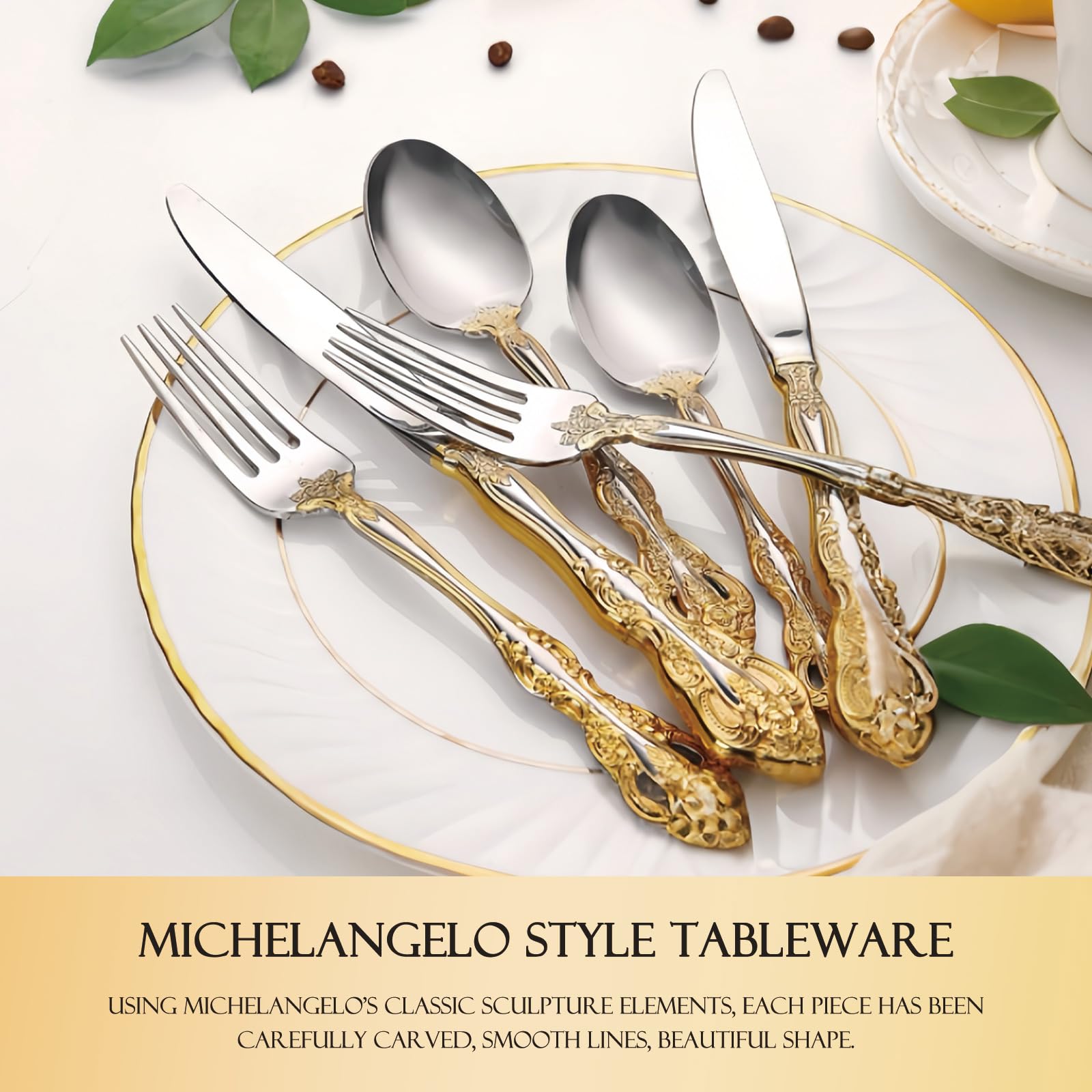 Premium Michelangelo Silverware Set for 2 - 18/10 Stainless Steel Flatware Cutlery Set (10-Piece, Gold Finish) - Elegant Dining Utensils for Couples, Dishwasher Safe - Perfect for Romantic Dinners, Anniversary Gifts & Special Occasions