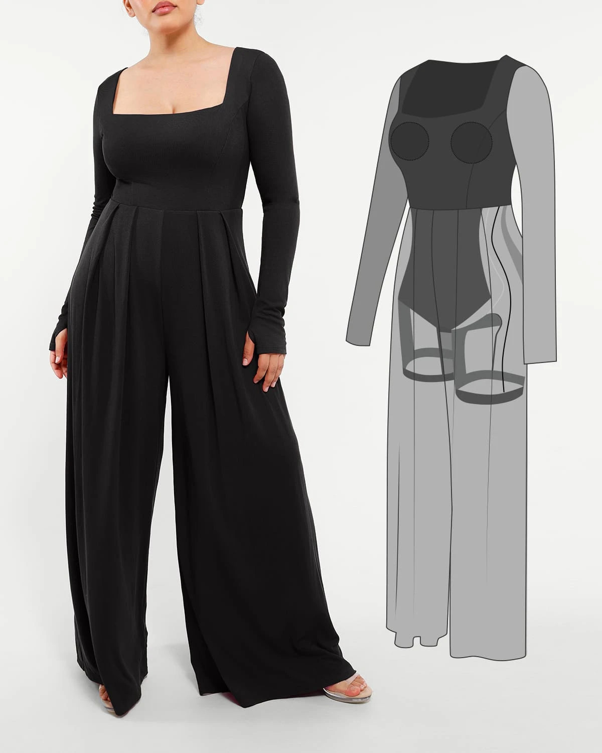 Square Neckline Slimming Jumpsuit for Women - Tummy Control Bodysuit with Built-in Shapewear - Perfect for Parties, Date Nights & Special Occasions