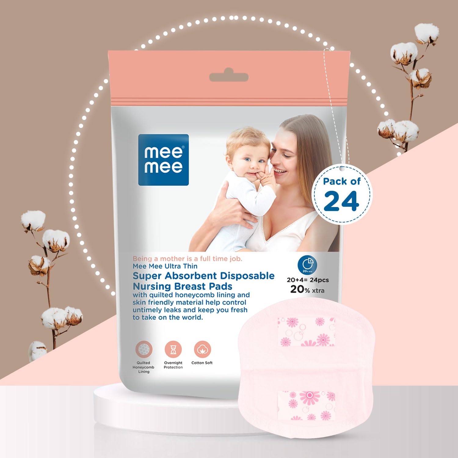 Mee Mee Disposable Nursing Breast Pads 24 Pcs - Ultra Thin Honeycomb Design with Leak Guard | Super Absorbent & Soft Cotton Maternity Pads for Breastfeeding Moms | Compact & Discreet for Day & Night Use | Perfect for Work, Travel & Daily Comfort