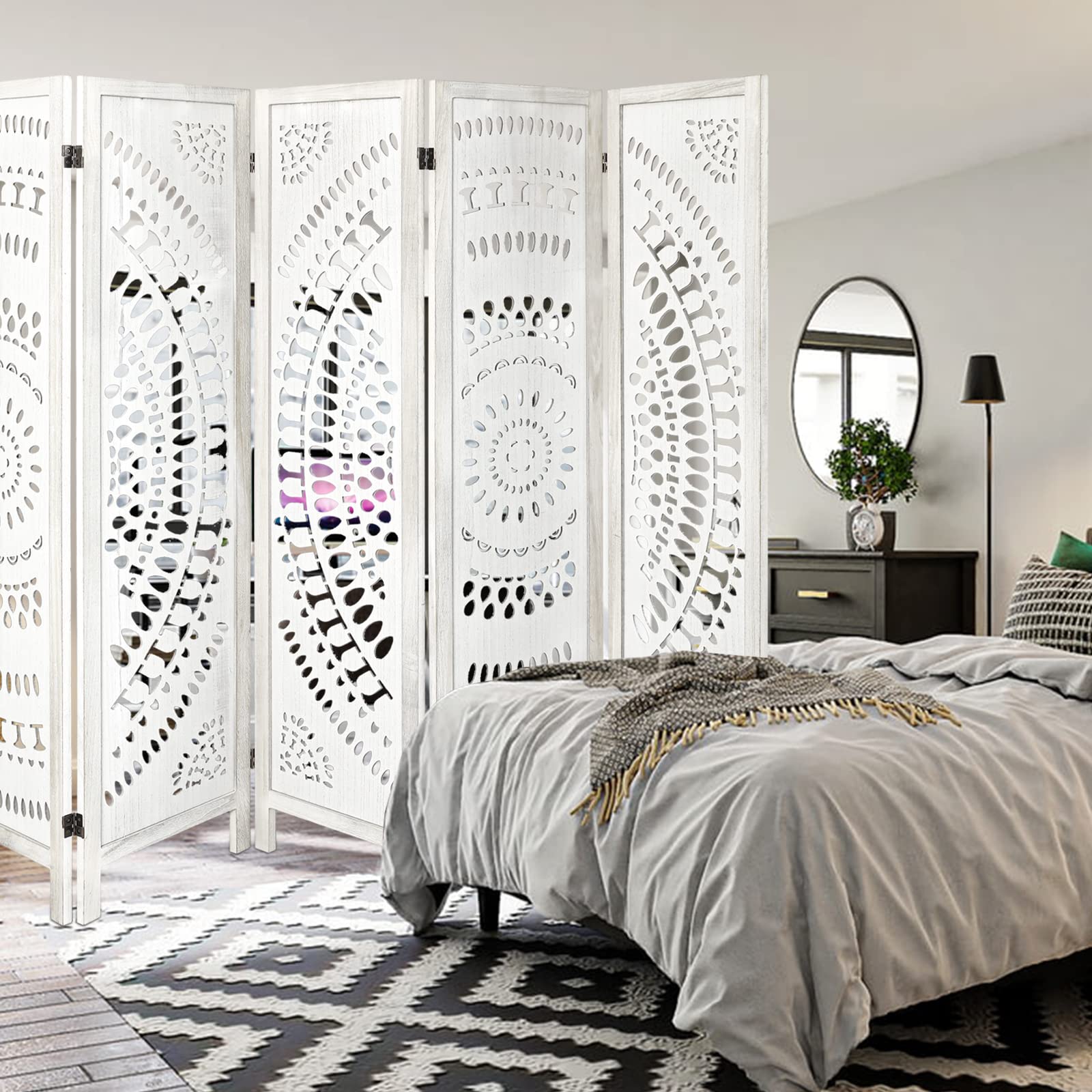 ECOMEX 6 Panel Folding Room Divider - Freestanding Privacy Screen with Carved Wood Design for Bedroom, Home Office, Apartment, Studio, Hotel, Restaurant, Garden & Terrace - Perfect for Creating Private Spaces & Room Partition (White)