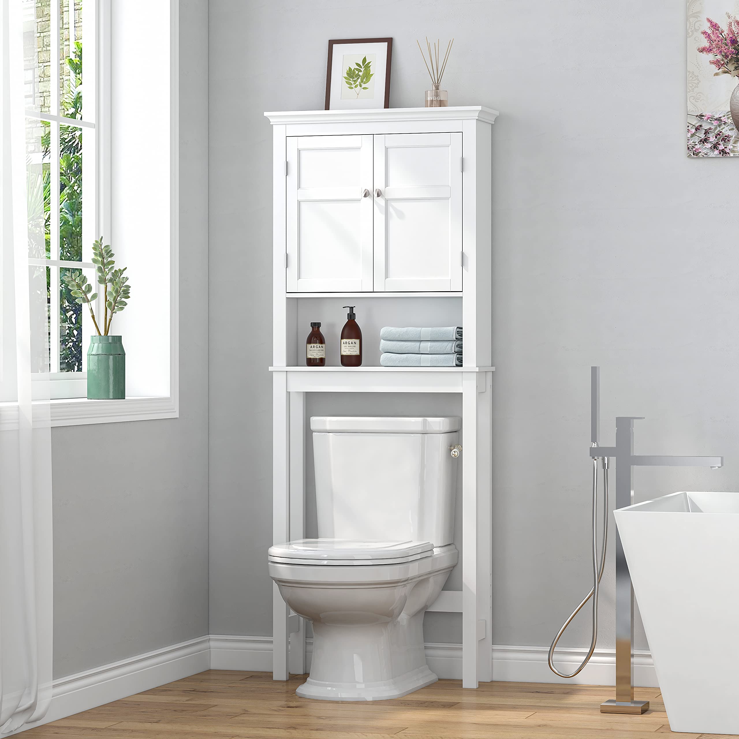 UTEX Over The Toilet Storage Cabinet - Adjustable Shelf Bathroom Organizer with 3-Tier Shelves, White Space Saver for Small Bathrooms | Perfect for Towel, Toilet Paper & Cosmetic Storage