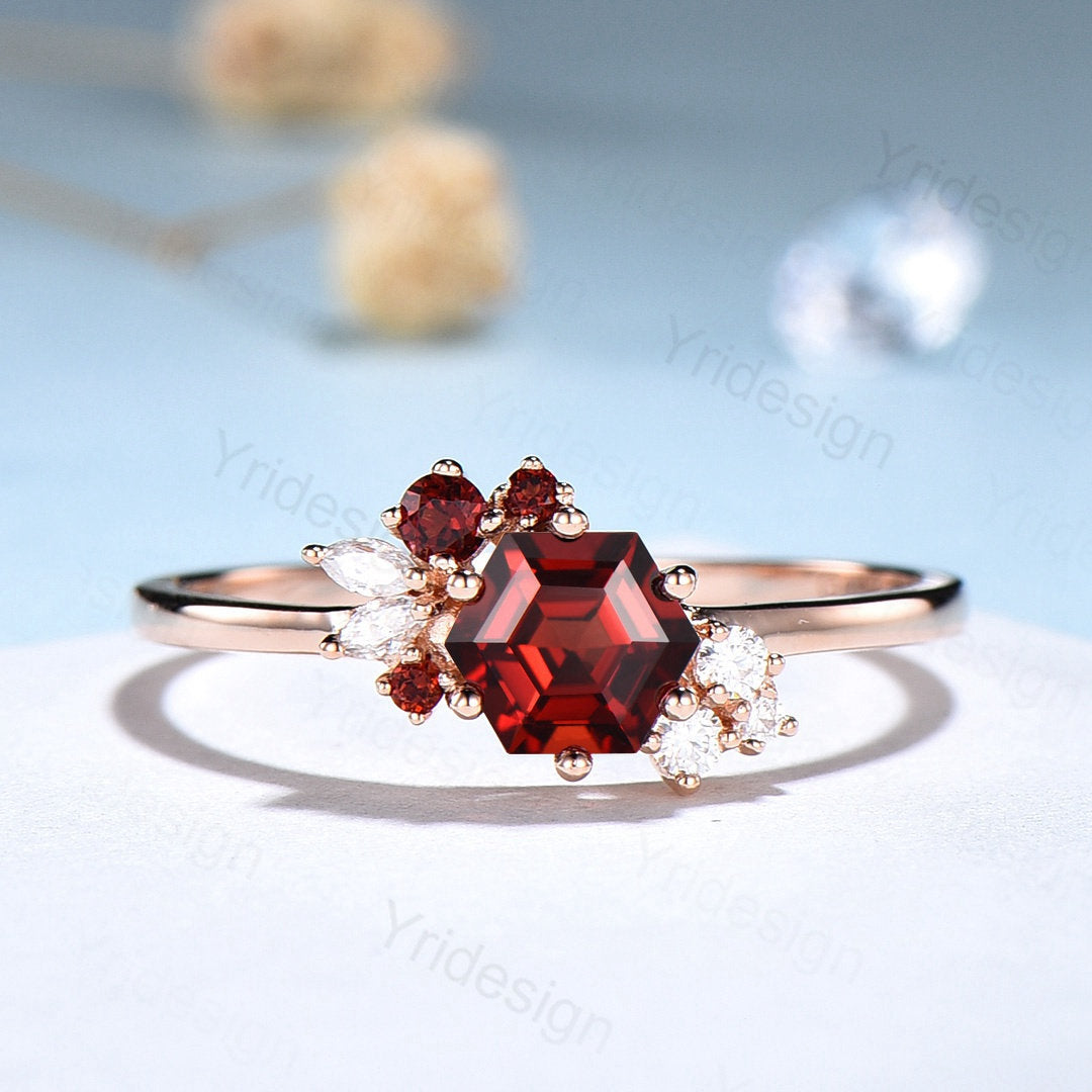 Vintage Hexagon Cut Garnet Ring in Gold & Silver - Unique Art Deco Cluster Garnet Engagement, Wedding & Promise Ring for Women | Perfect for Bridal, Anniversary & Special Occasion Gifts