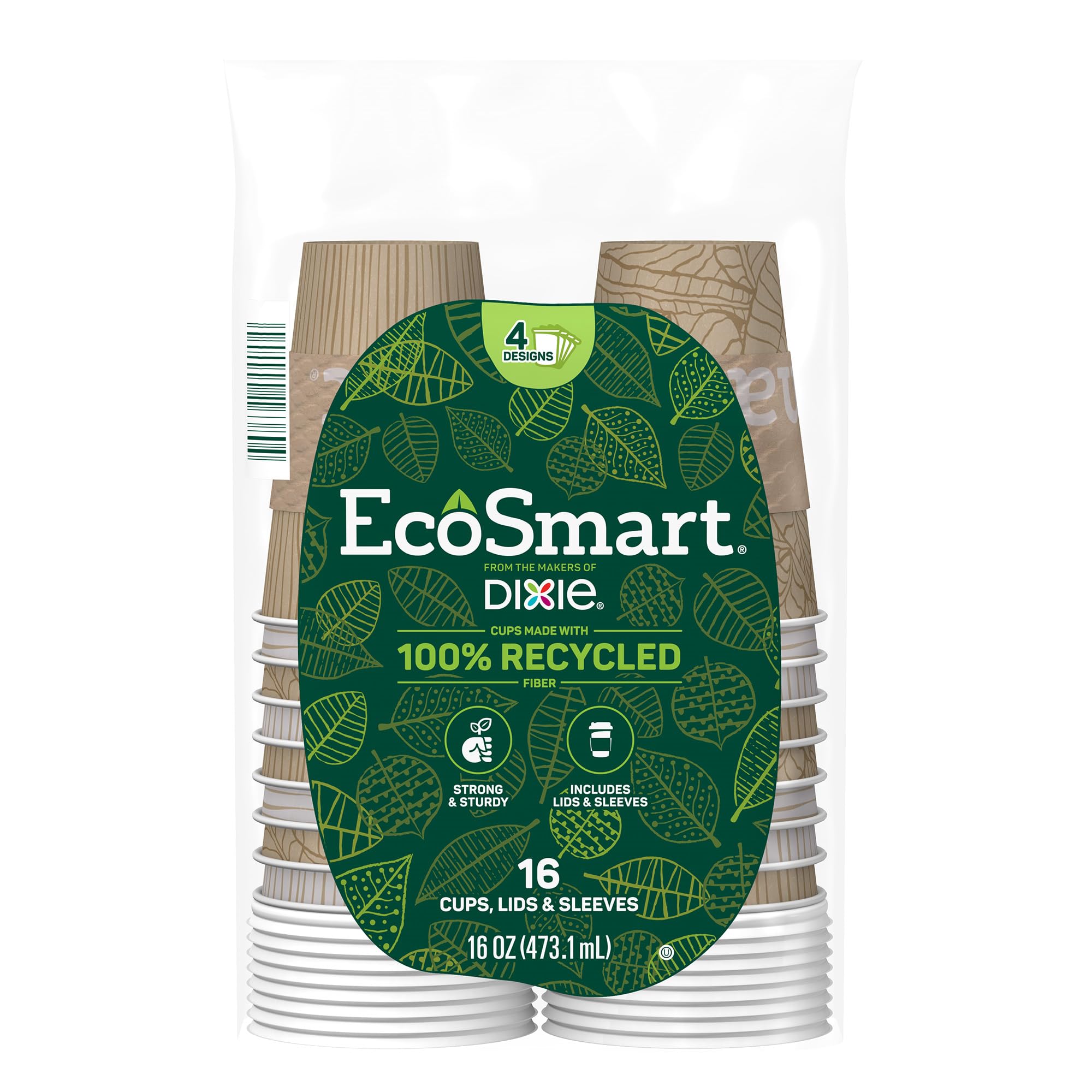 Dixie EcoSmart 16 Oz Recycled Fiber Paper Coffee Cups with Lids - 96 Count (Pack of 6) - 100% Recyclable Hot Beverage Cups for Coffee, Tea, and Hot Chocolate - Perfect for Offices, Cafes, and Home Use