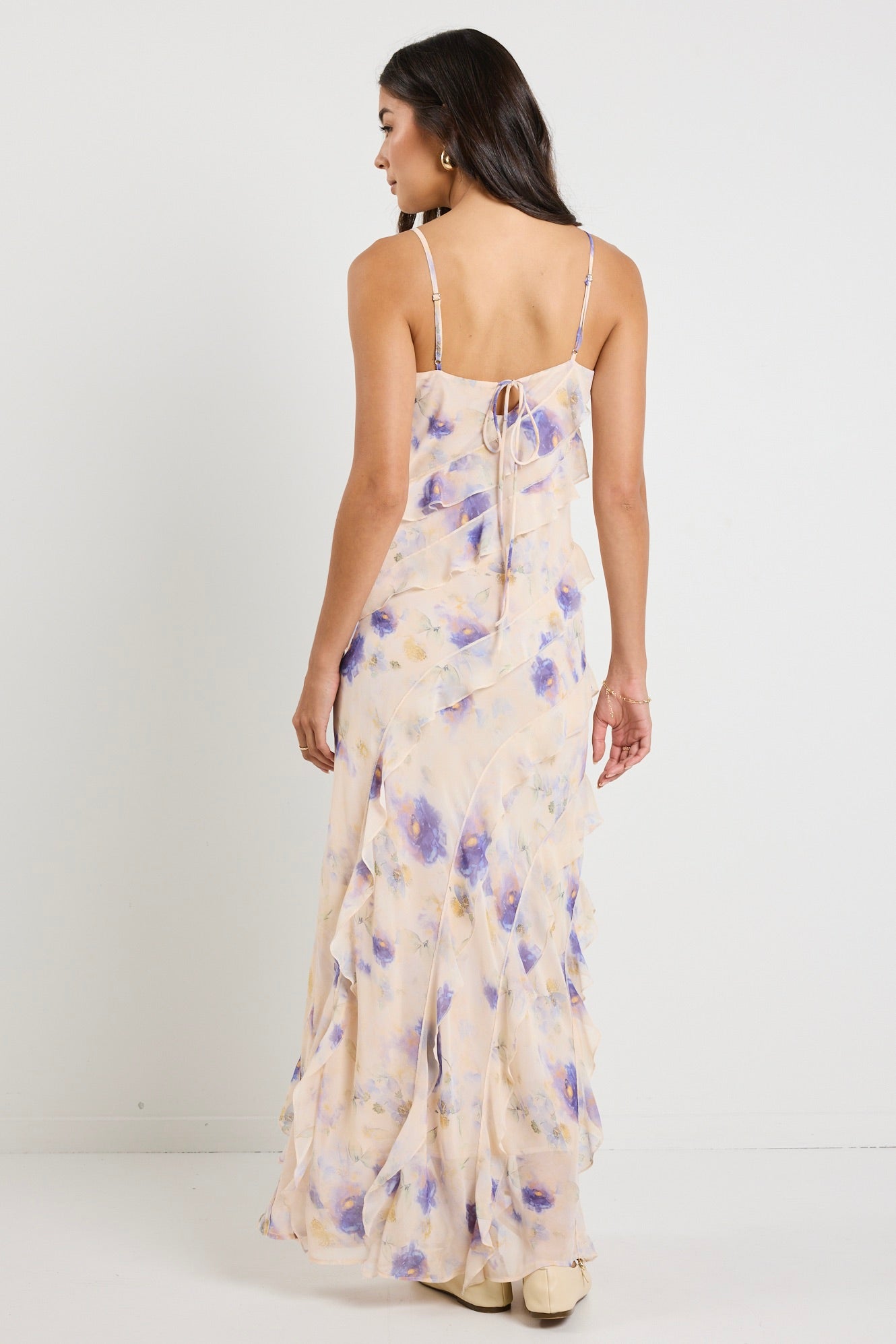 Galore Peach Blue Floral Bias Ruffle Slip Maxi Dress - Women's Summer Beach Wedding Party Dress for Vacation & Special Occasions