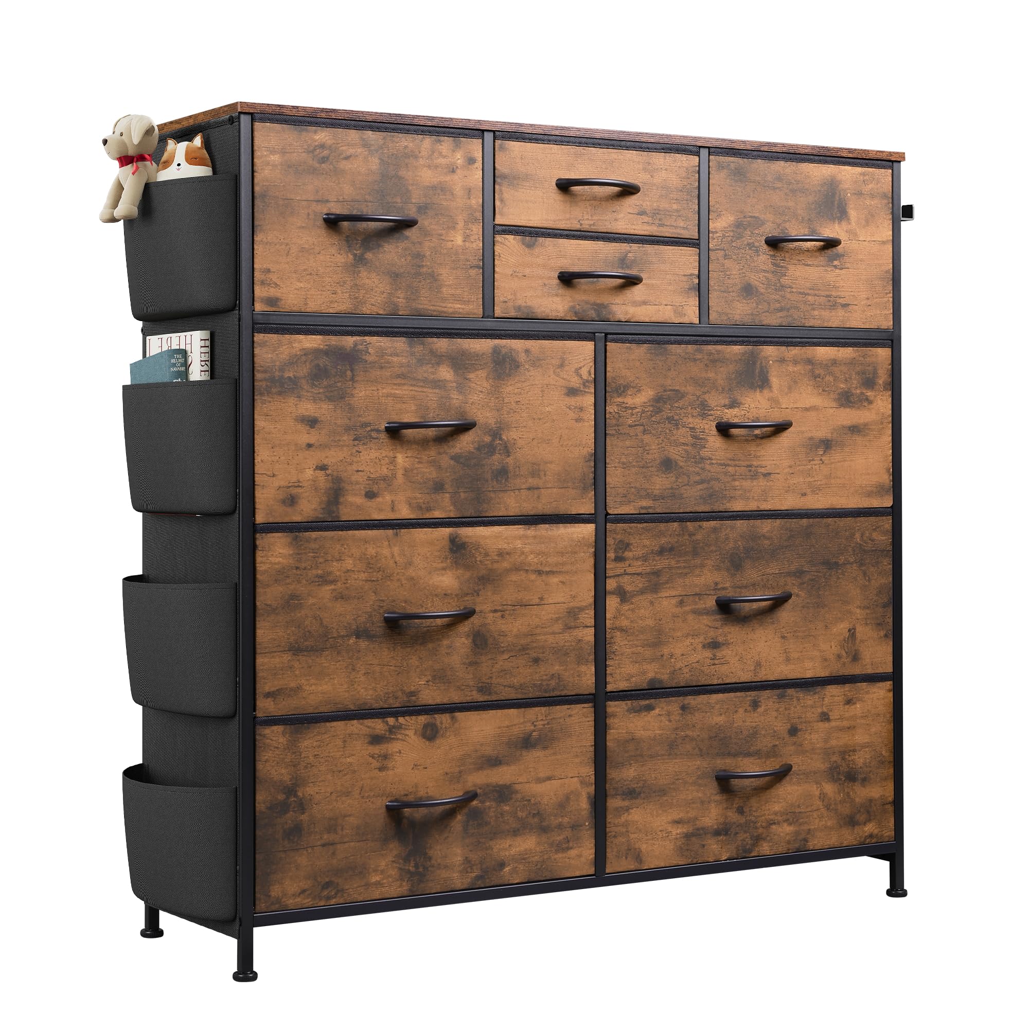 WLIVE 10-Drawer Fabric Dresser for Bedroom & Living Room - Rustic Brown Wood Grain Print Storage Organizer with Side Pockets & Hooks, Sturdy Metal Frame - Perfect for Clothes, Toys, Blankets & Home Organization in Bedrooms, Hallways & Dorm Rooms