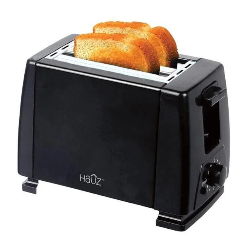 HAUZ ATS936 2 Slice Toaster - Black Stainless Steel, Extra-Wide Slots, Defrost & Reheat Functions - Perfect for Breakfast, Bagels & Quick Snacks