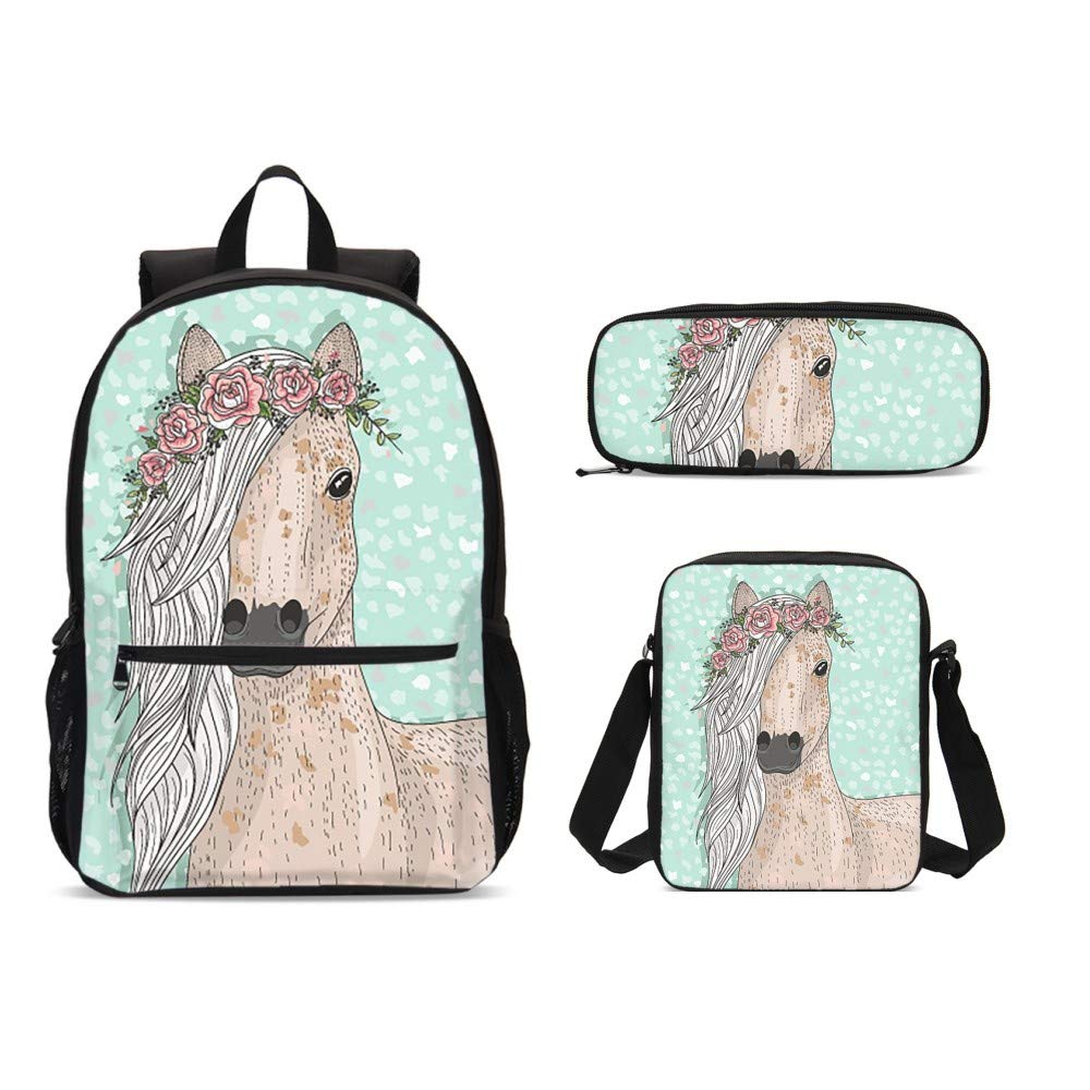 Delerain 3D Horse Flower Backpack Set for Kids - 3 Piece School Bookbag with Lunch Box & Pencil Case | Durable Lightweight Backpack for Teens, Students, Boys & Girls | Perfect for School, Travel & Daily Use