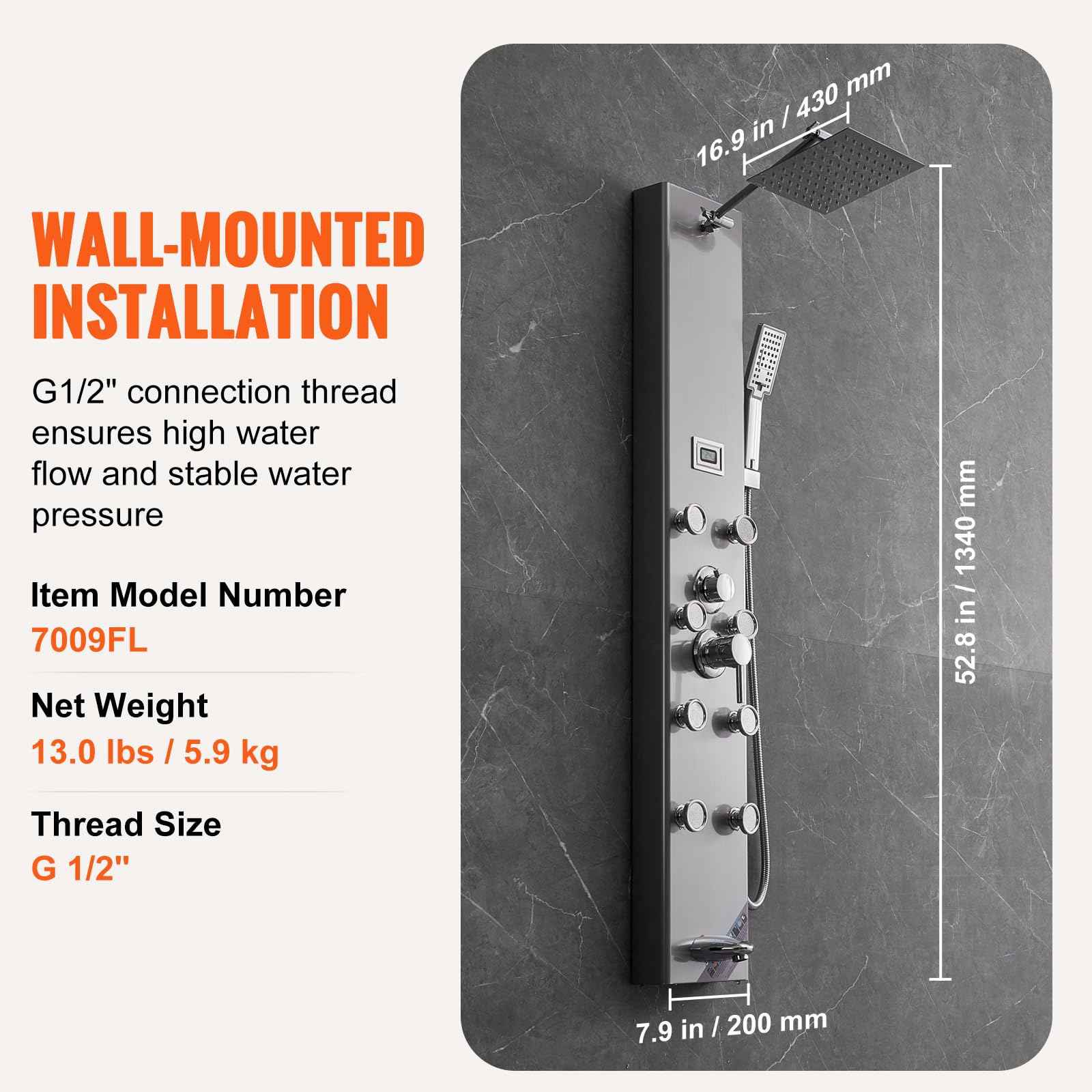 VEVOR Stainless Steel Shower Tower Panel with 5 Modes & Digital Display - Rainfall Shower, 8 Massage Jets, Tub Spout & 3-Setting Handheld Shower Head with 59