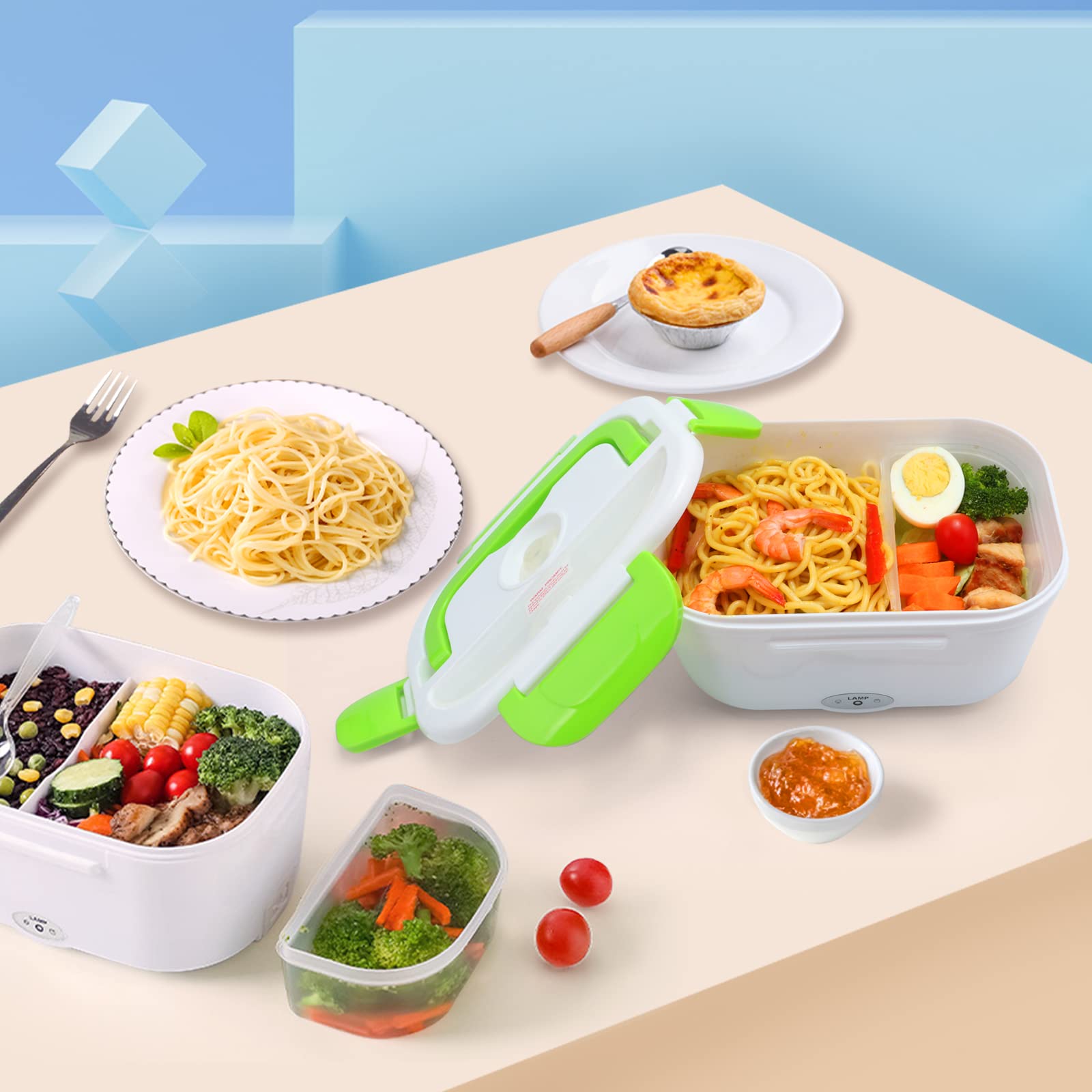 VECH Electric Lunch Box - 110V Portable Food Warmer, Bento Box Heater for Home, Office & Travel - Reusable & Eco-Friendly Green Lunch Container (Perfect for Commuting, Camping & Workplace Meals)