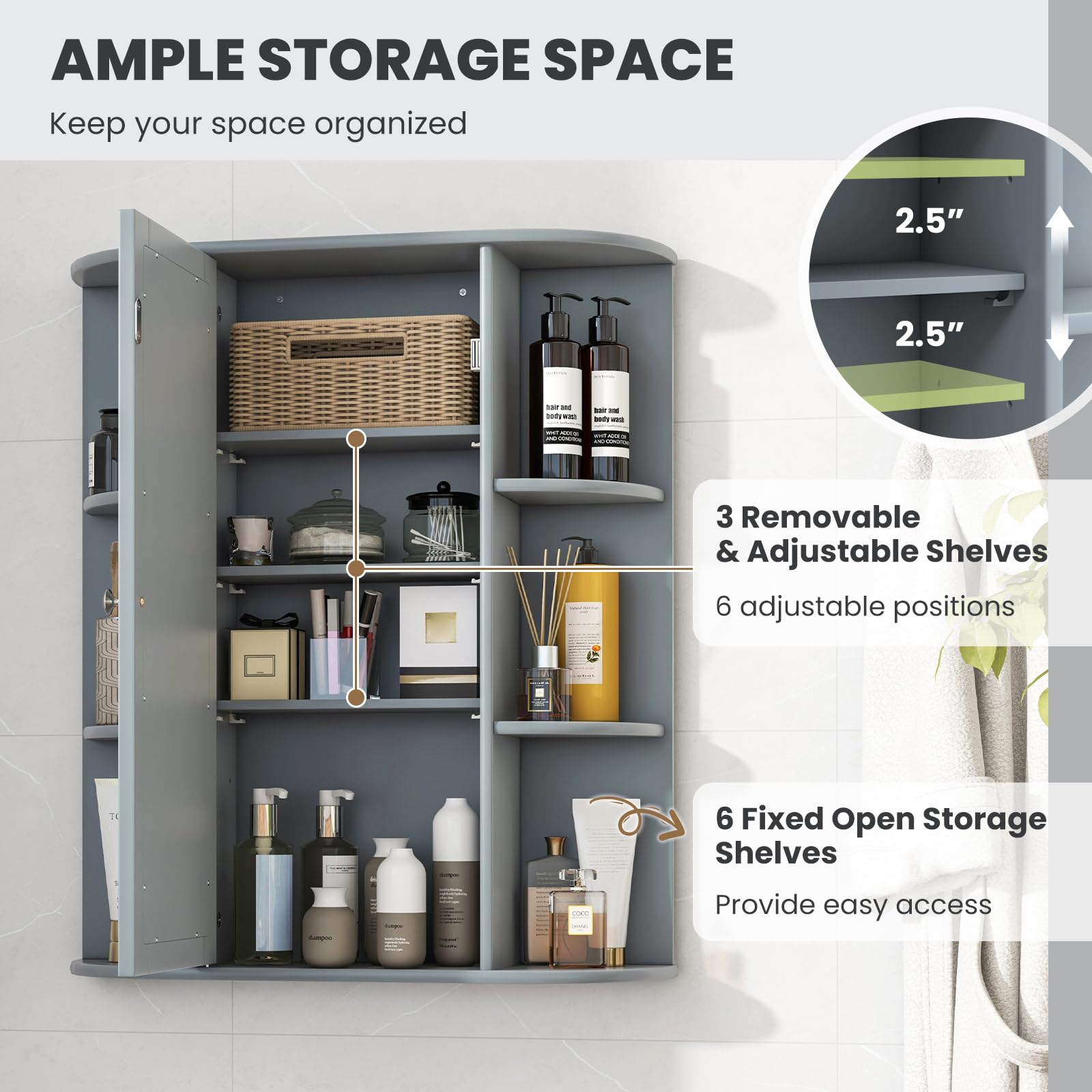 Tangkula Wall Mounted Bathroom Medicine Cabinet with Mirror Door - Adjustable Shelves, Removable Storage for Bathroom, Living Room & Laundry Room - Space Saving Grey Wooden Cabinet (Perfect for Small Spaces & Organized Storage)