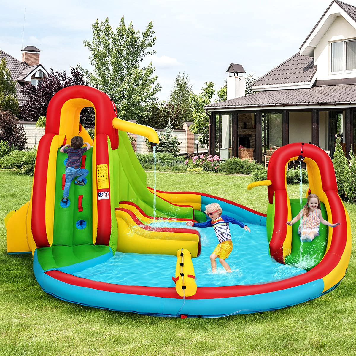 **GOFLAME Inflatable Bounce House with 480W Blower - Kids Water Park with Slide, Climb Wall, Splash Pool, Basketball Rim & Water Cannon - Includes Storage Bag, Stakes & Repair Kit - Perfect for Backyard Parties, Summer Fun & Outdoor Play**