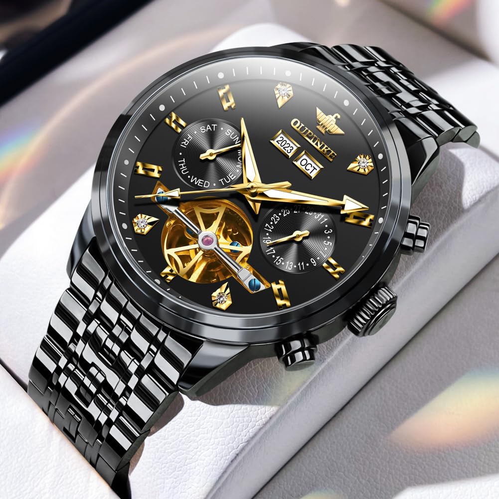OUPINKE Men's Luxury Skeleton Automatic Mechanical Watch - Waterproof, Sapphire Crystal, Gold/Blue/Black/Green Dial - Perfect for Business, Formal Events & Everyday Wear
