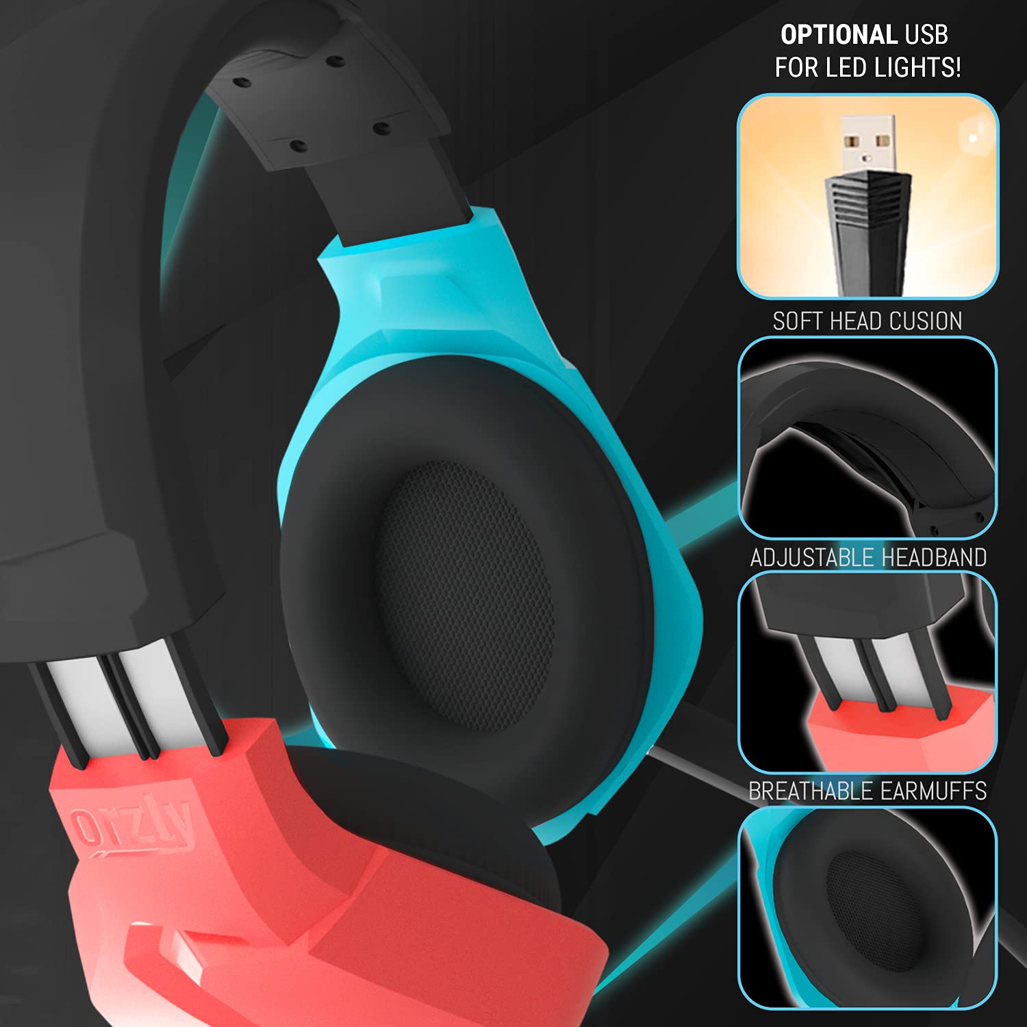 Orzly Hornet RXH-20 Tanami Edition Gaming Headset with Microphone - LED Light, Remote Control, Compatible with Nintendo Switch OLED & Lite (Joycon Color Match) - Perfect for Online Gaming, Streaming & Chatting