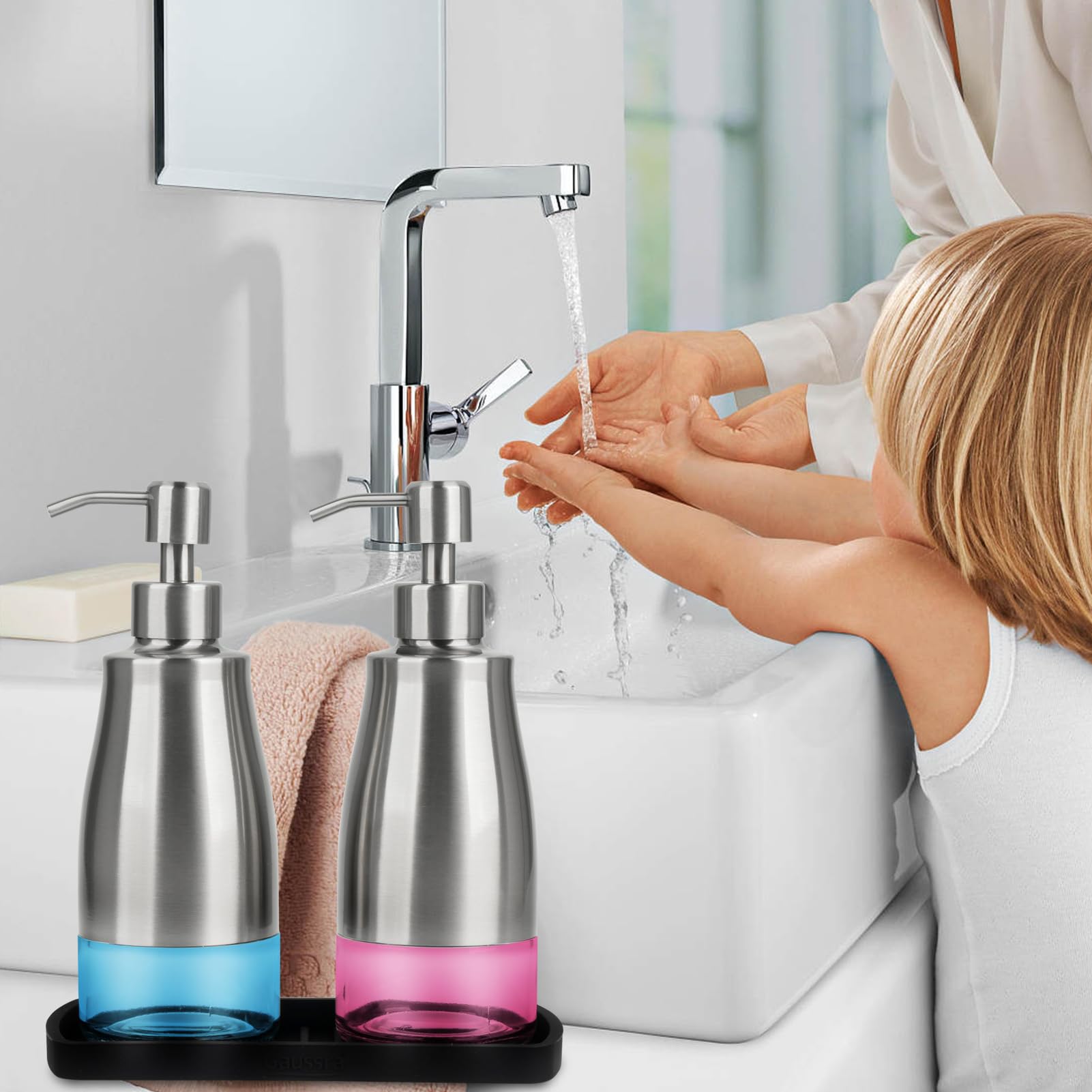 Premium Brushed Nickel Stainless Steel Glass Soap Dispenser Set with Silicone Tray & Stickers - Refillable Hand & Dish Soap Dispenser for Kitchen Sink, Bathroom Countertop - Elegant Home & Office Decor