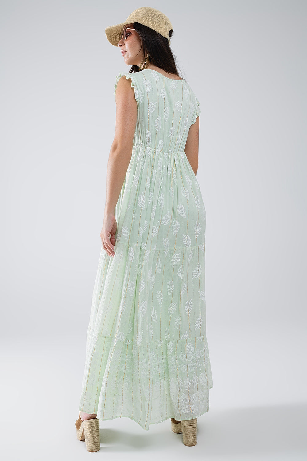 Boho Leaf Print Mint Lurex Long Babydoll Robe - Elegant Loungewear for Women, Perfect for Relaxing at Home or Spa Days