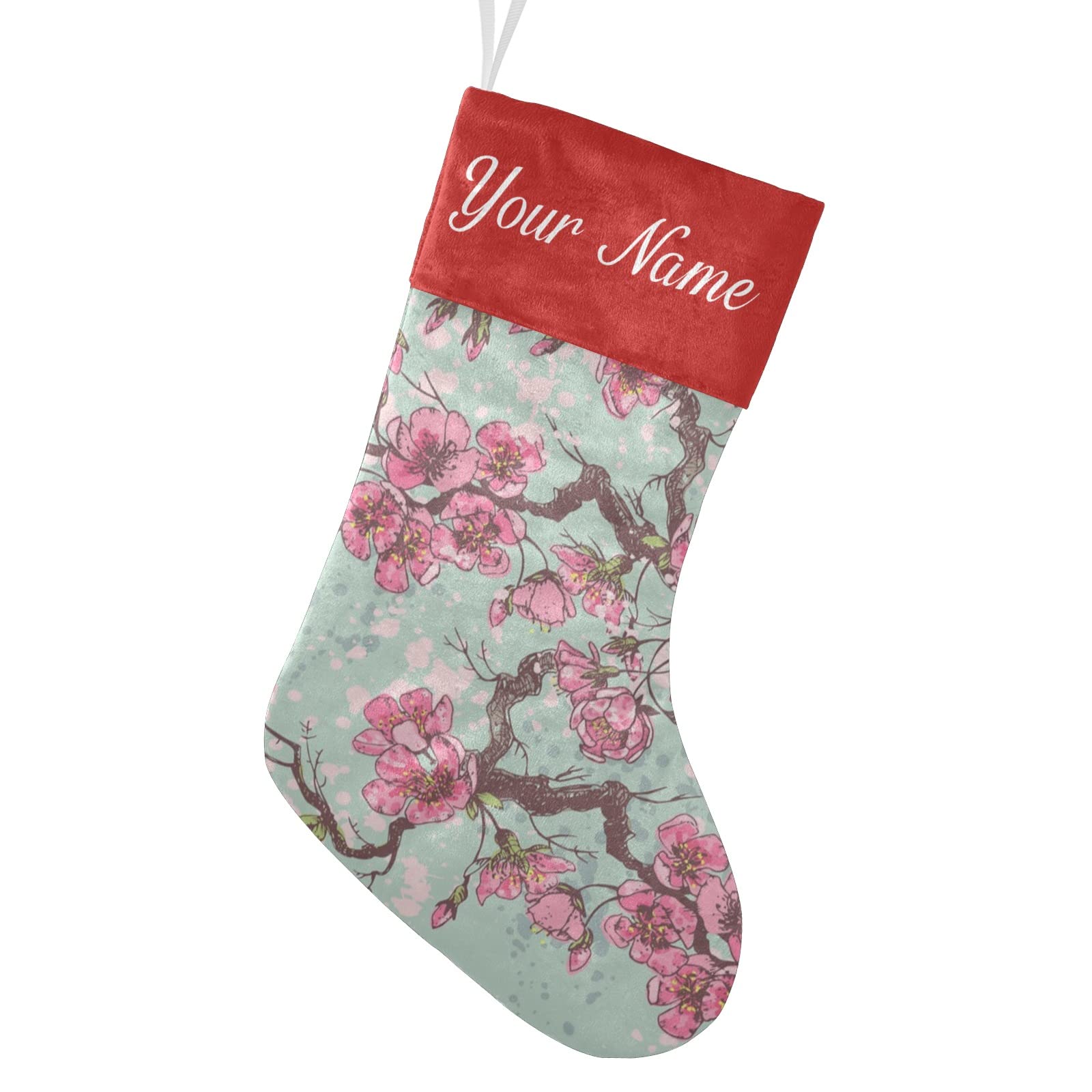 Personalized Cherry Blossom Christmas Stockings - Custom Name Holiday Socks for Family Party Decor (17.52 x 7.87 Inch) - Perfect for Fireplace Mantel, Xmas Tree Gifts & Festive Home Decoration