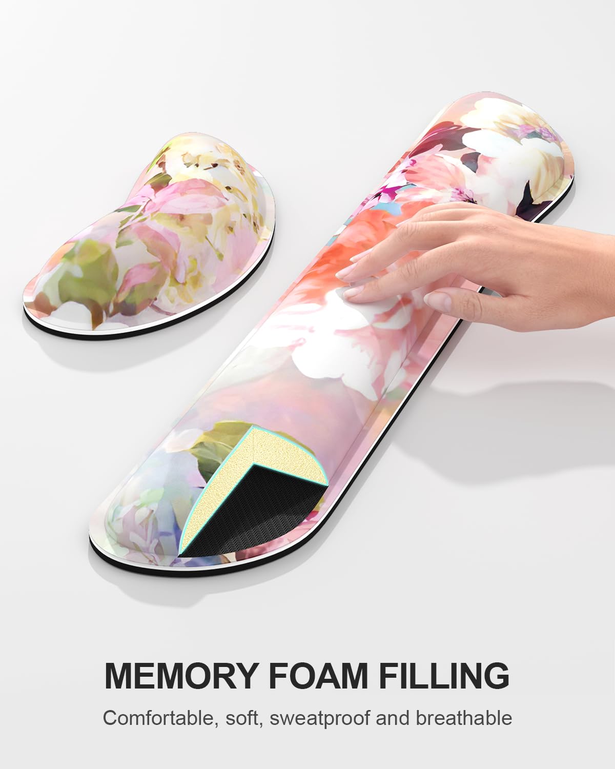 Auhoahsil Extra Large Mouse Pad with Wrist Rest - 35.5 x 15.7 Inch Ergonomic Memory Foam Desk Mat for Keyboard & Mouse, Soft Thick Gaming Mousepad with Wrist Support - Pink Floral Design for Office & Computer Workstation