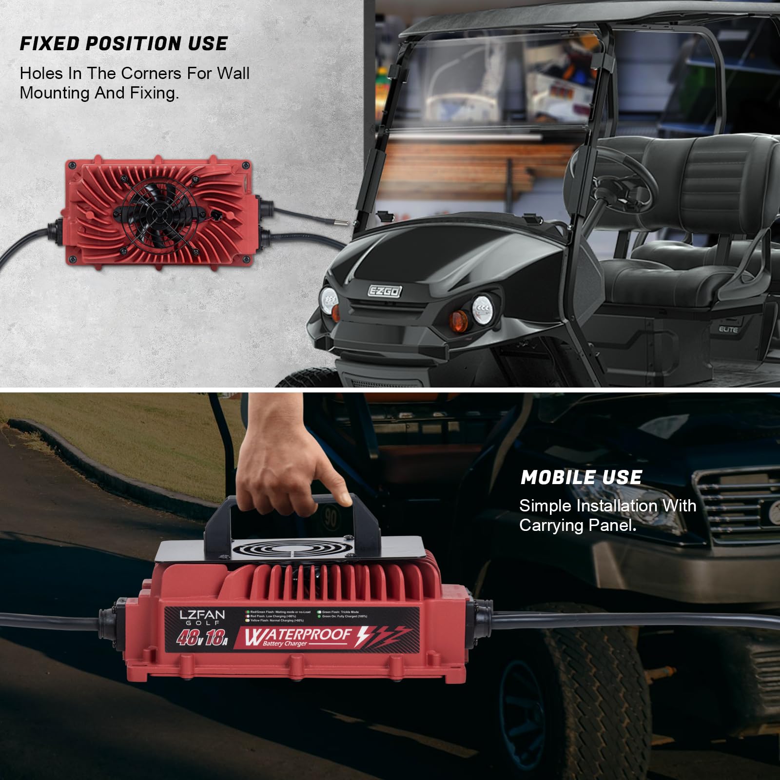 48V Golf Cart Battery Charger 18 AMP with Triangle 3-Pin Plug - Fast Charging, Waterproof & Portable - Compatible with Club Car, EZGO RXV & TXT - Perfect for Golf Courses, Camping & Outdoor Adventures