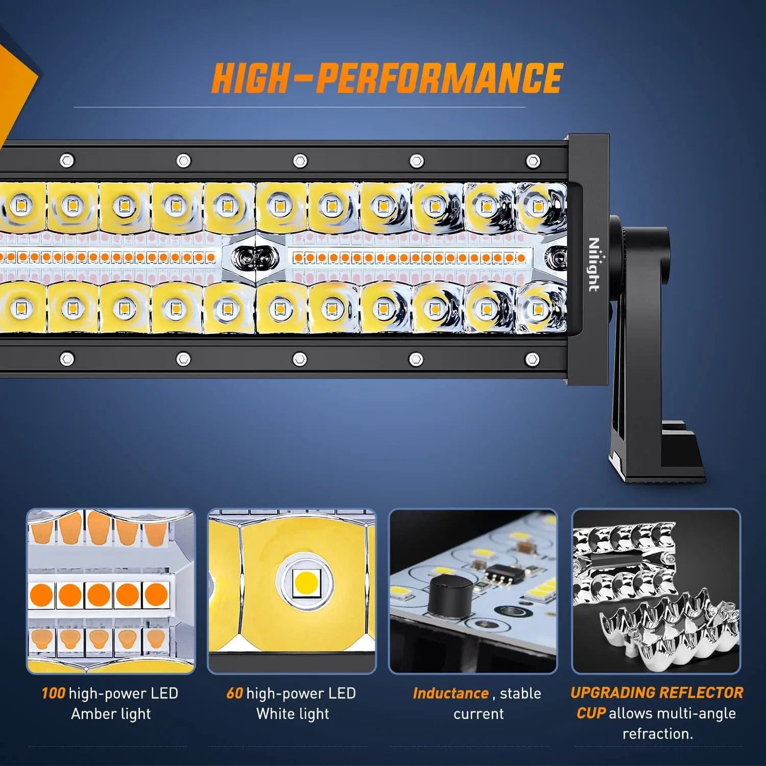 22 Inch 480W Triple Row Amber White Spot Flood LED Light Bar with 2Pcs 4 Inch 60W LED Pods and 16AWG DT Wire 3 Leads - Perfect for Off-Road Trucks, ATVs, UTVs, and Marine Applications
