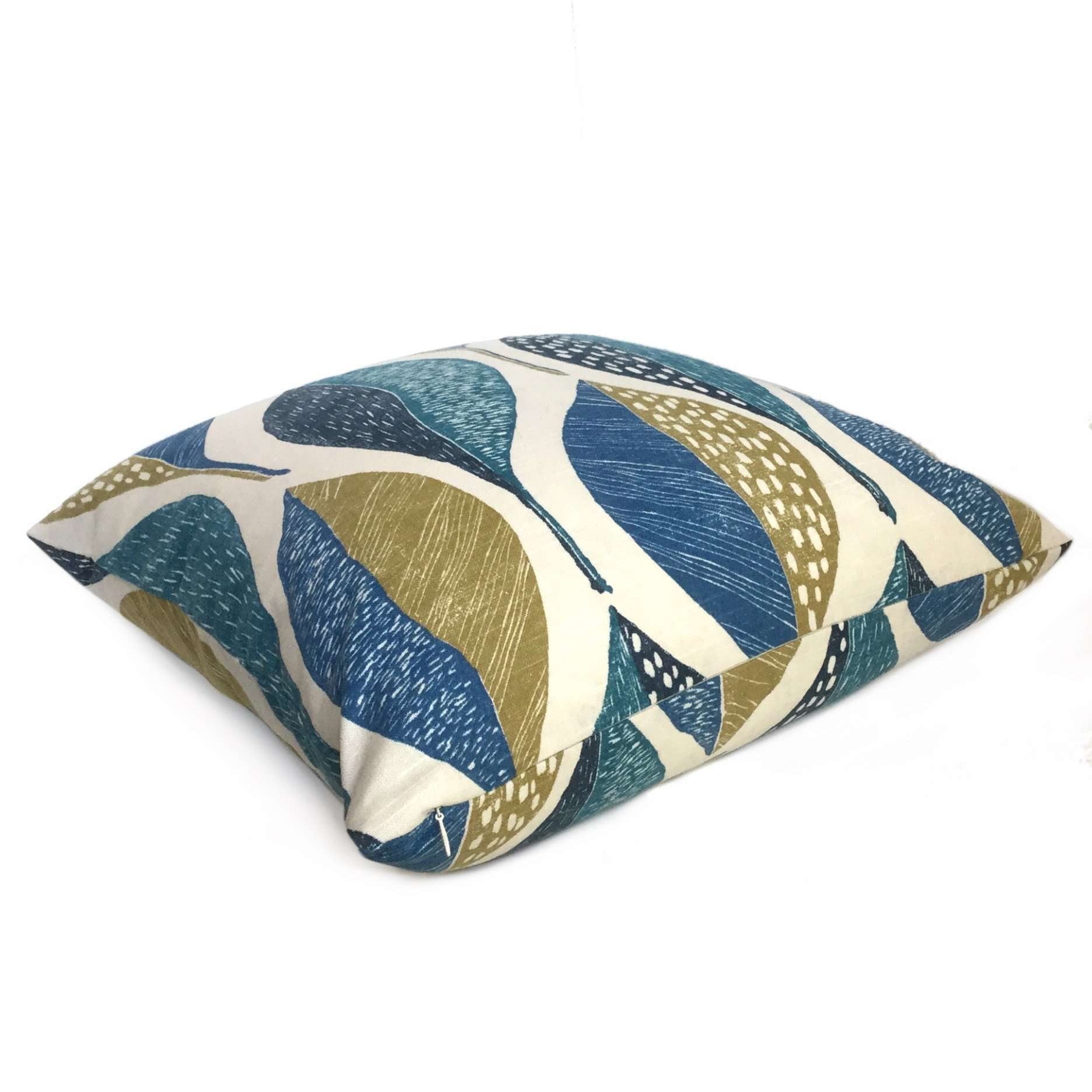 Robert Allen Woodblock Leaf Peacock Pillow Cover - Decorative Square Throw Pillow Case for Sofa, Bed, Couch - 18x18 Inch Home Decor Accent