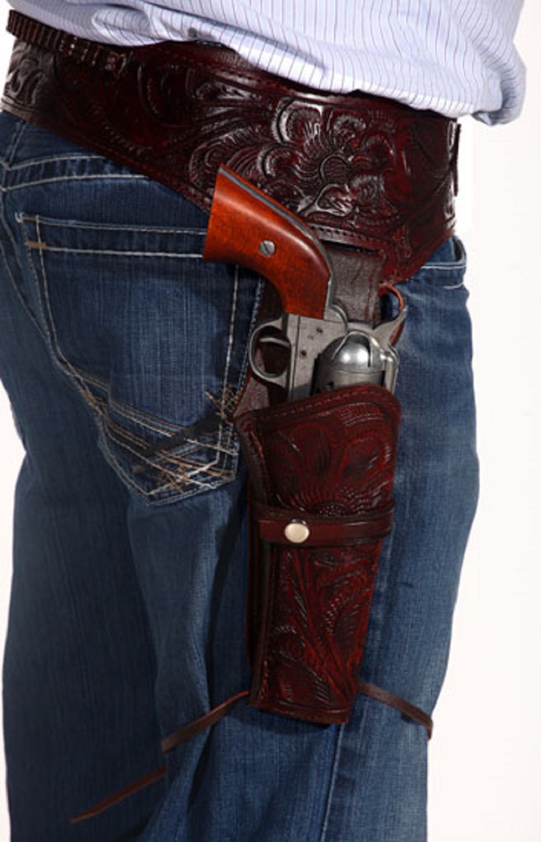 44/45 Caliber Brown Long Barrel Cowboy Western Style Gun Holster and Belt Set - Size 44 - Perfect for Cowboy Action Shooting, Reenactments, and Western Themed Events