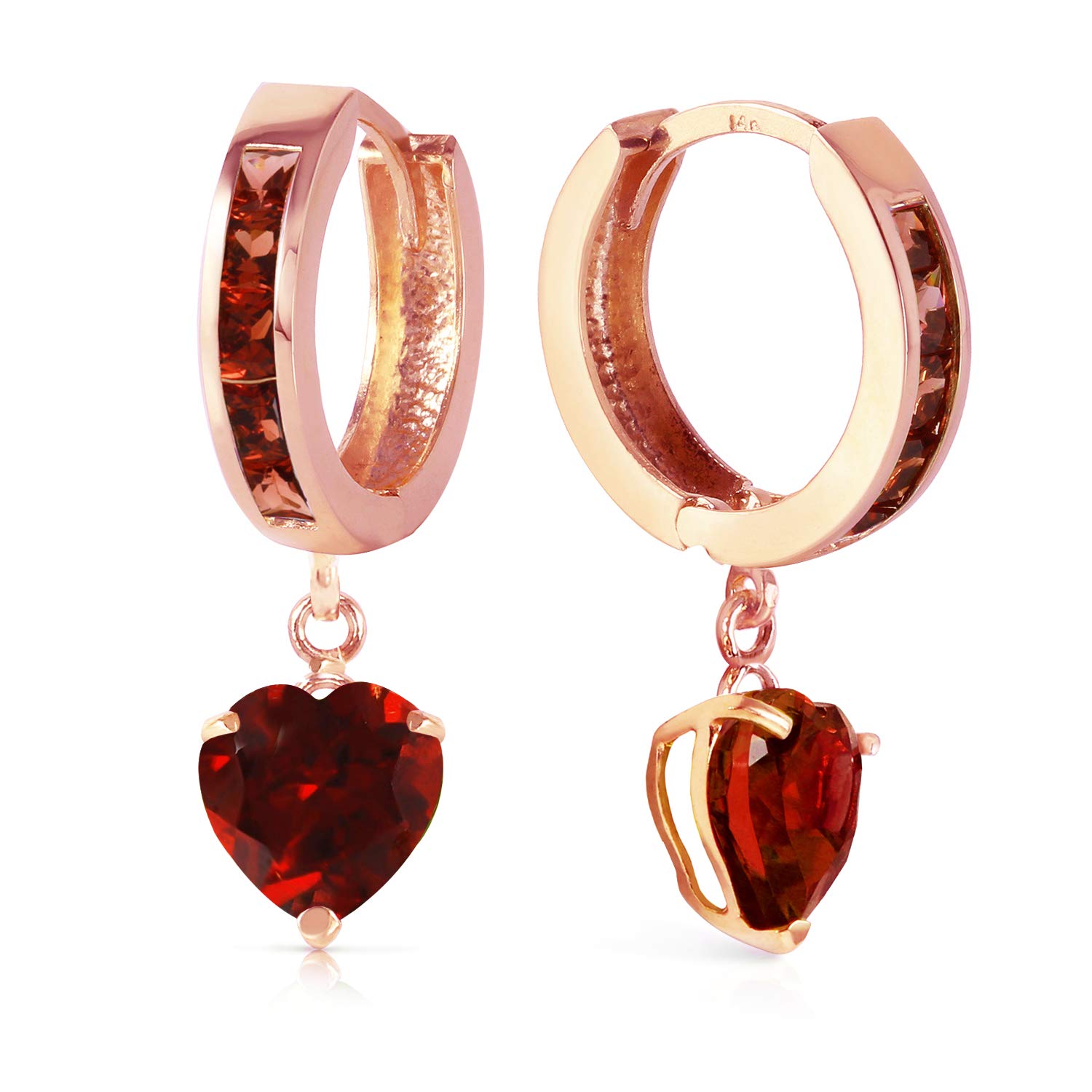 14K Solid Rose Gold Hoop Garnet Heart Drop Earrings - 4.1 Carat Galaxy Gold GG - Elegant Jewelry for Women, Valentine's Day Gift, Anniversary Present, Party Wear, Wedding Accessories