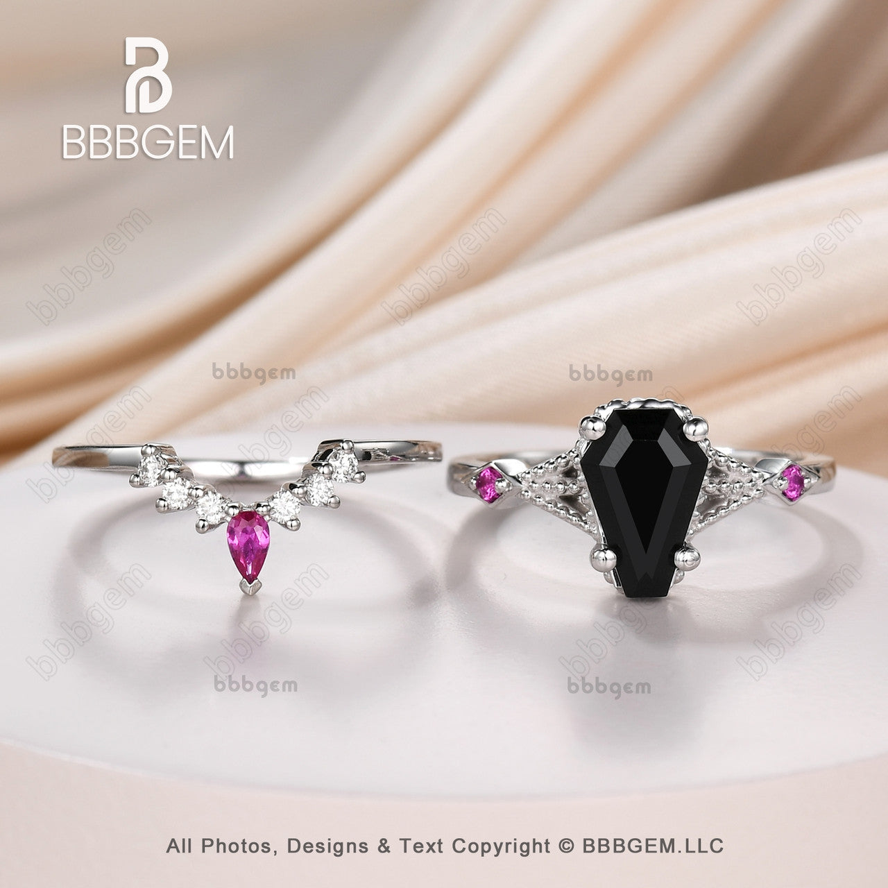 Platinum Black Spinel & Diamond Wedding Ring Set - 9x6mm Coffin Cut Onyx with Lab-Grown Ruby | Elegant Gothic Jewelry for Weddings, Anniversaries & Alternative Fashion