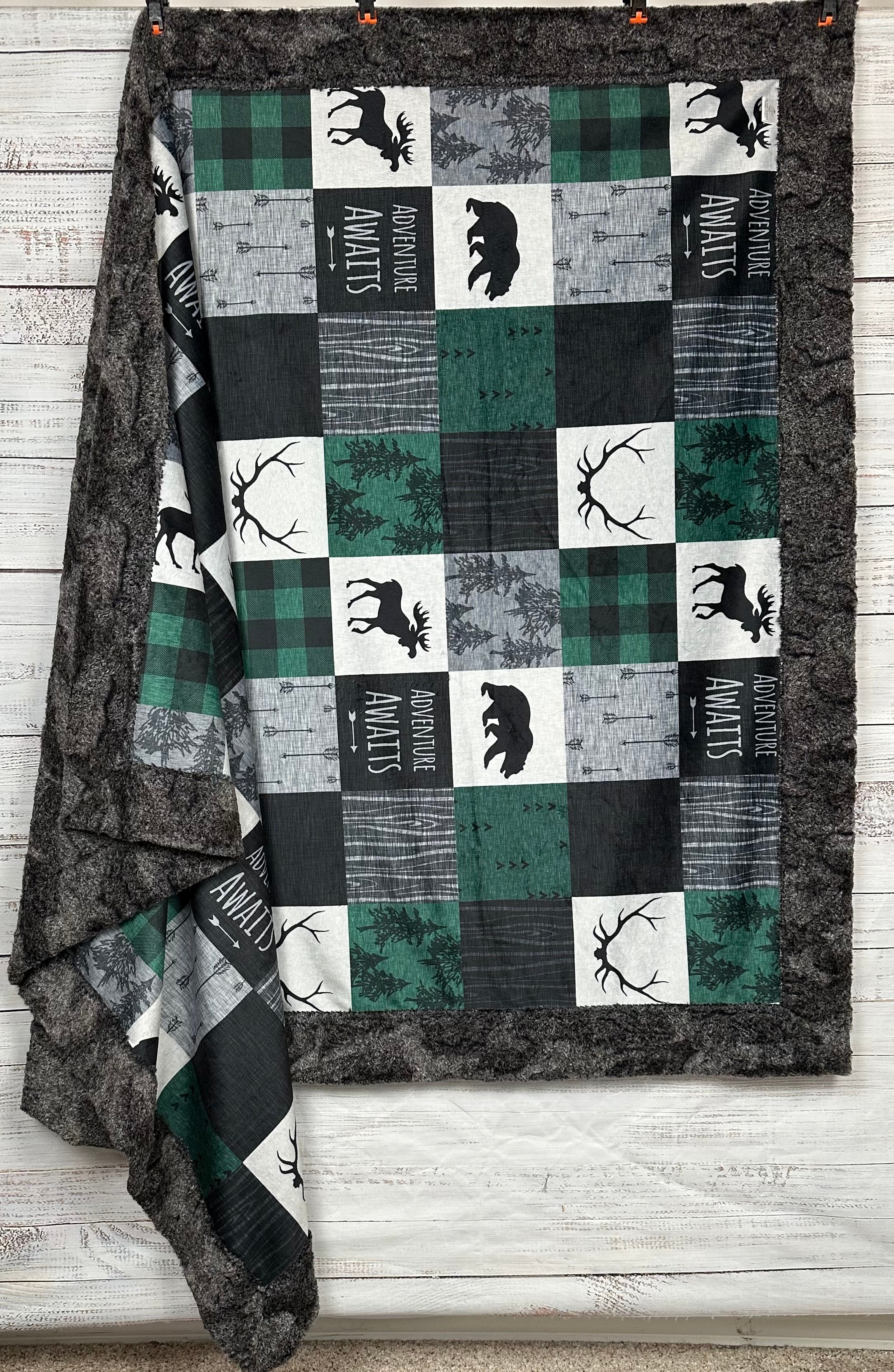 Premium Adventure Awaits Patchwork Minky Blanket - Green, Black & Gray on Heather Gray - Ultra Soft 55