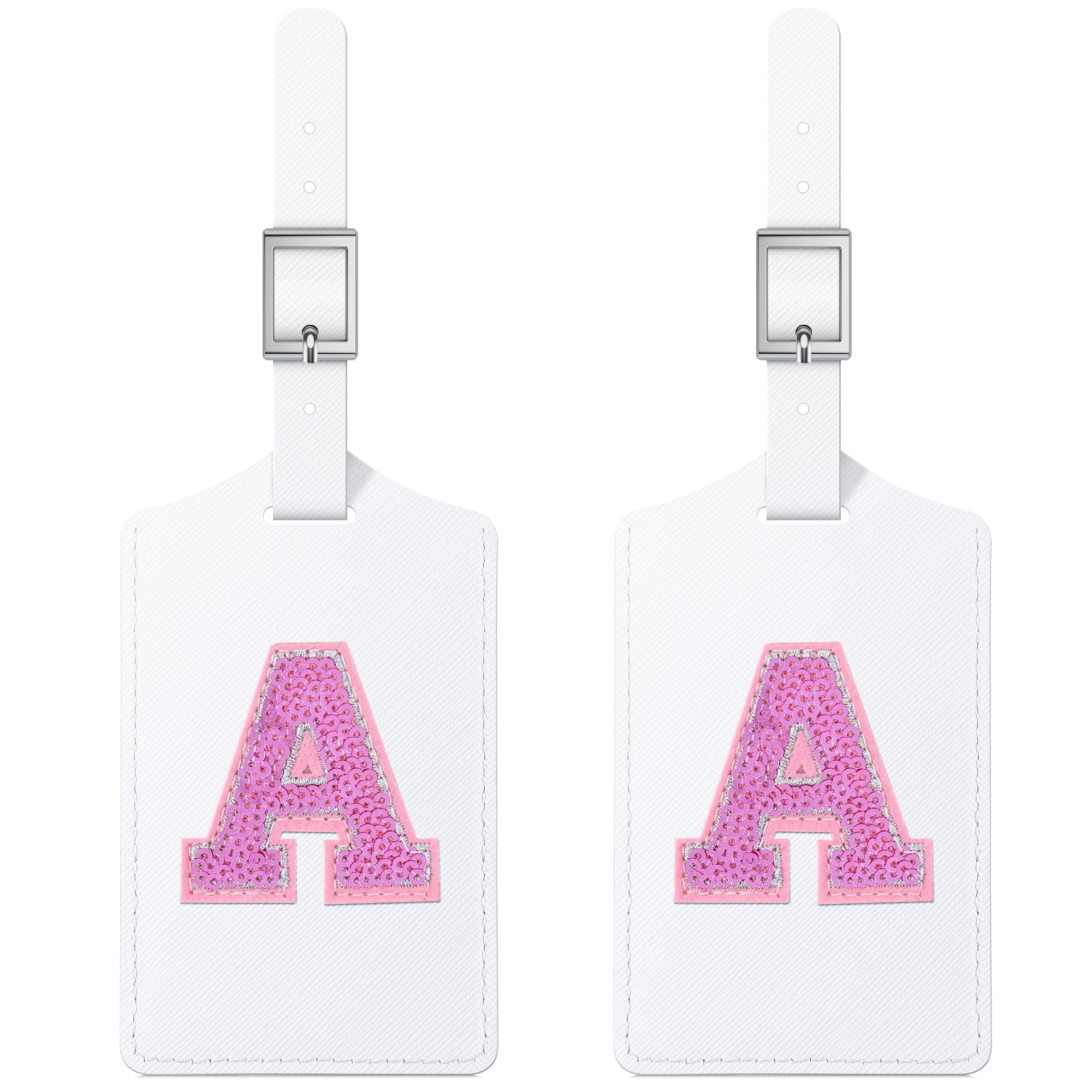 2 PCS Initial Luggage Tags - Cute Sequin Letter PU Leather Travel Baggage ID Tags with Privacy Cover for Suitcases (A, White Leather+Hot Pink Letter) - Perfect for Women, Kids, Teens & Men - Ideal for Air Travel, Vacation & Business Trips