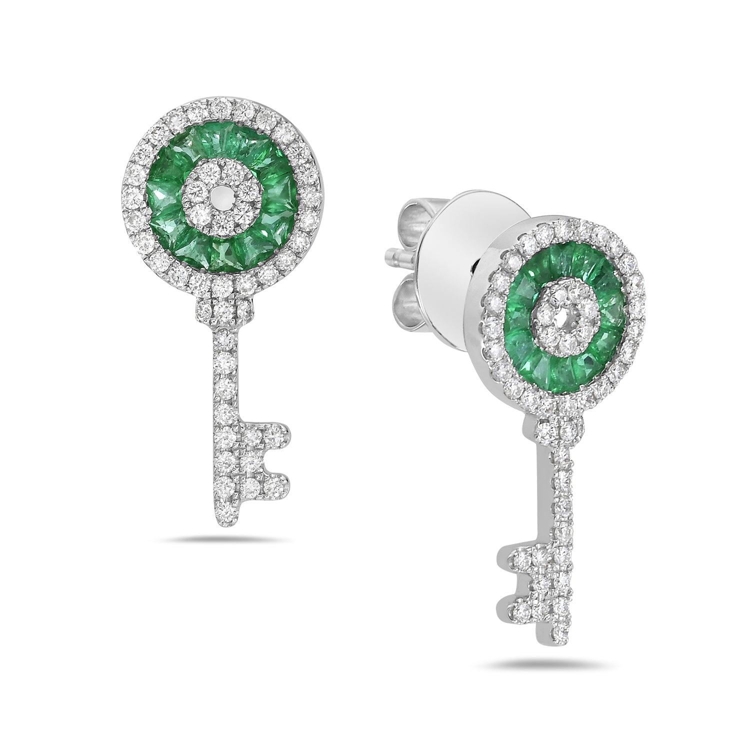 Channel Set Emerald Baguette Diamond Lock & Key Earrings in 14K White Gold - Elegant Jewelry Gift for Anniversary, Wedding & Special Occasions