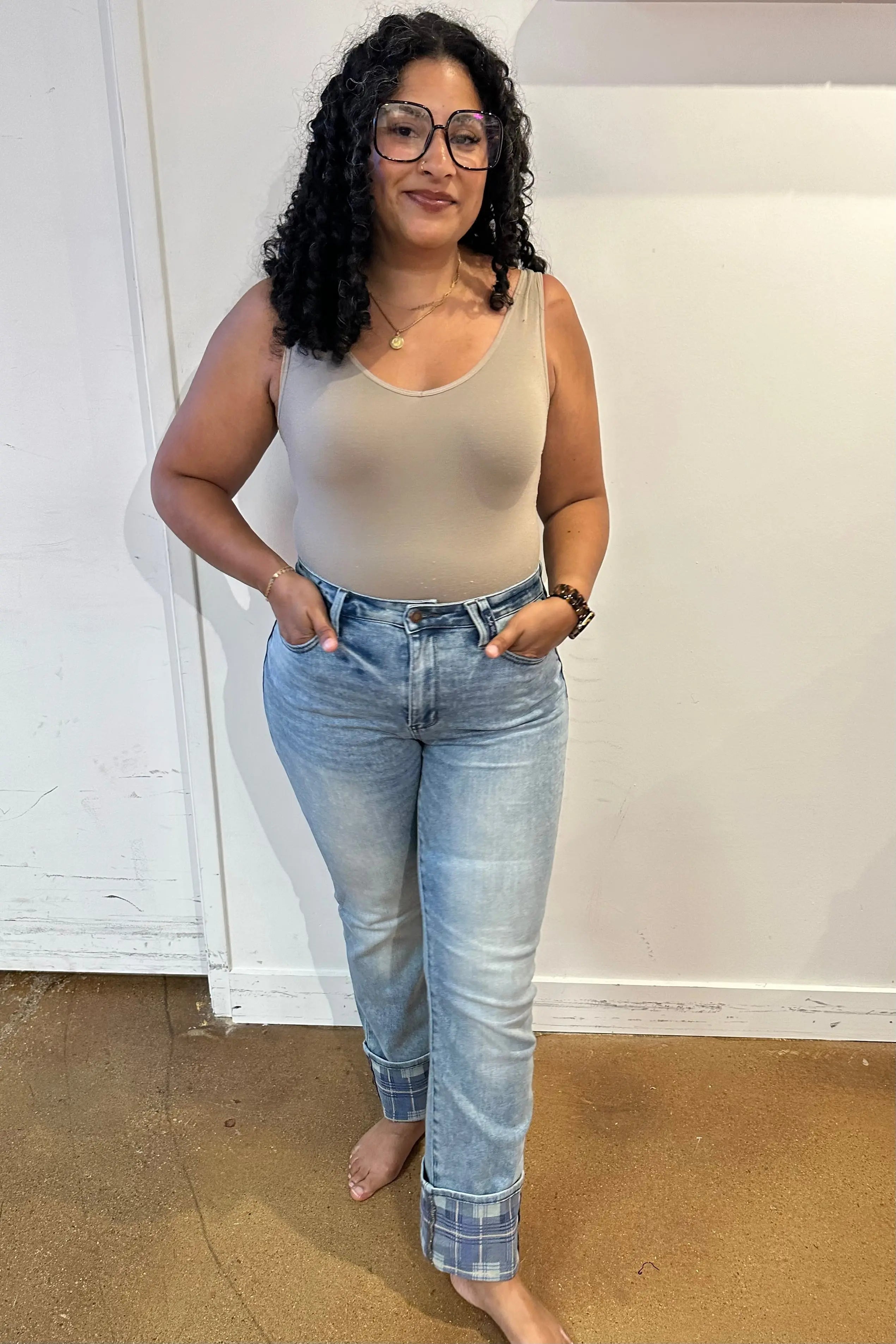 Miranda High Rise Plaid Cuff Vintage Straight Jeans for Women - Classic Retro Denim Pants with Checkered Hem Detail | Perfect for Casual Outfits, Date Nights & 90s Fashion Looks