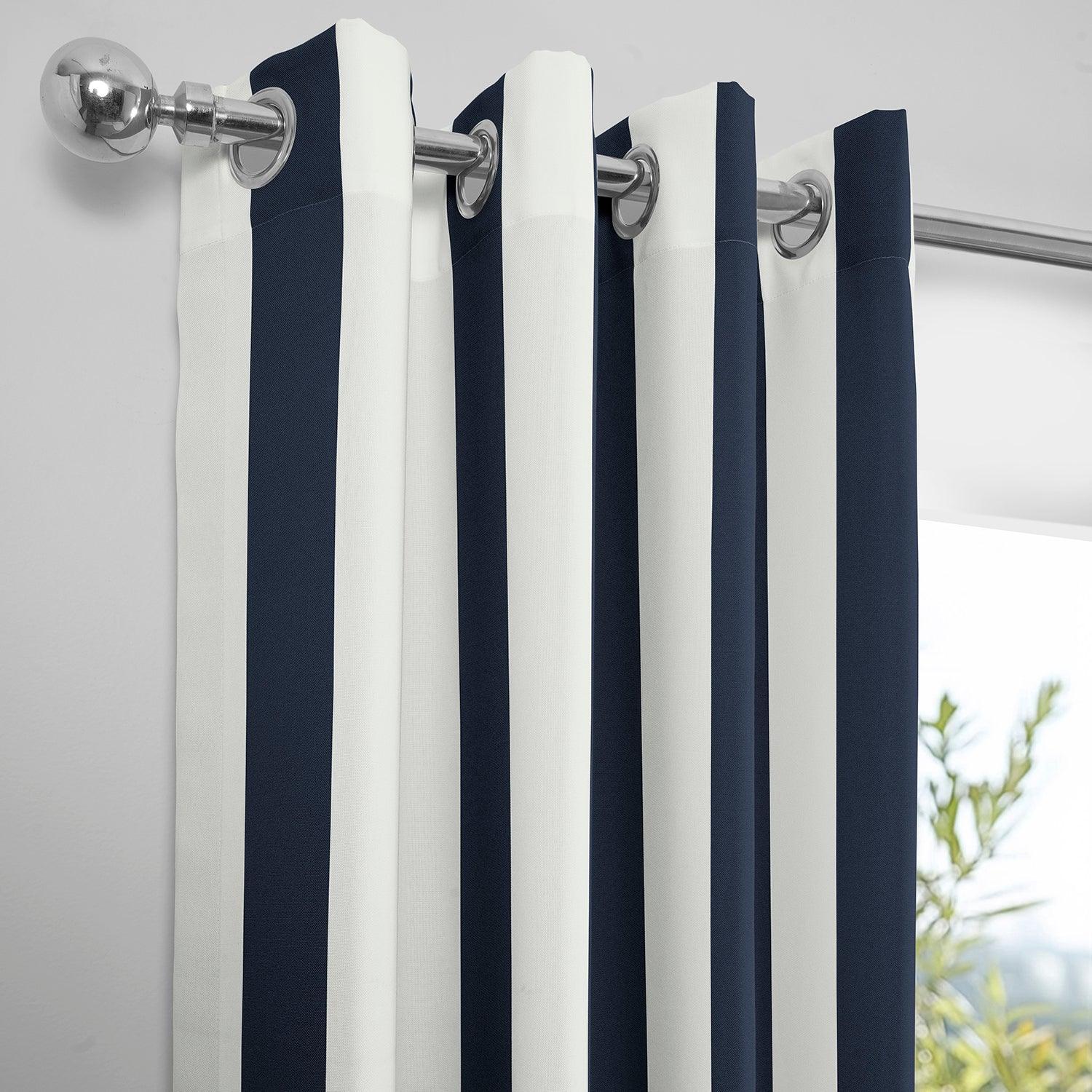 Nautical Navy Blue Striped Grommet Villanova Outdoor Curtains - Waterproof Sun Shade Patio Curtains for Porch, Deck, Poolside & Backyard