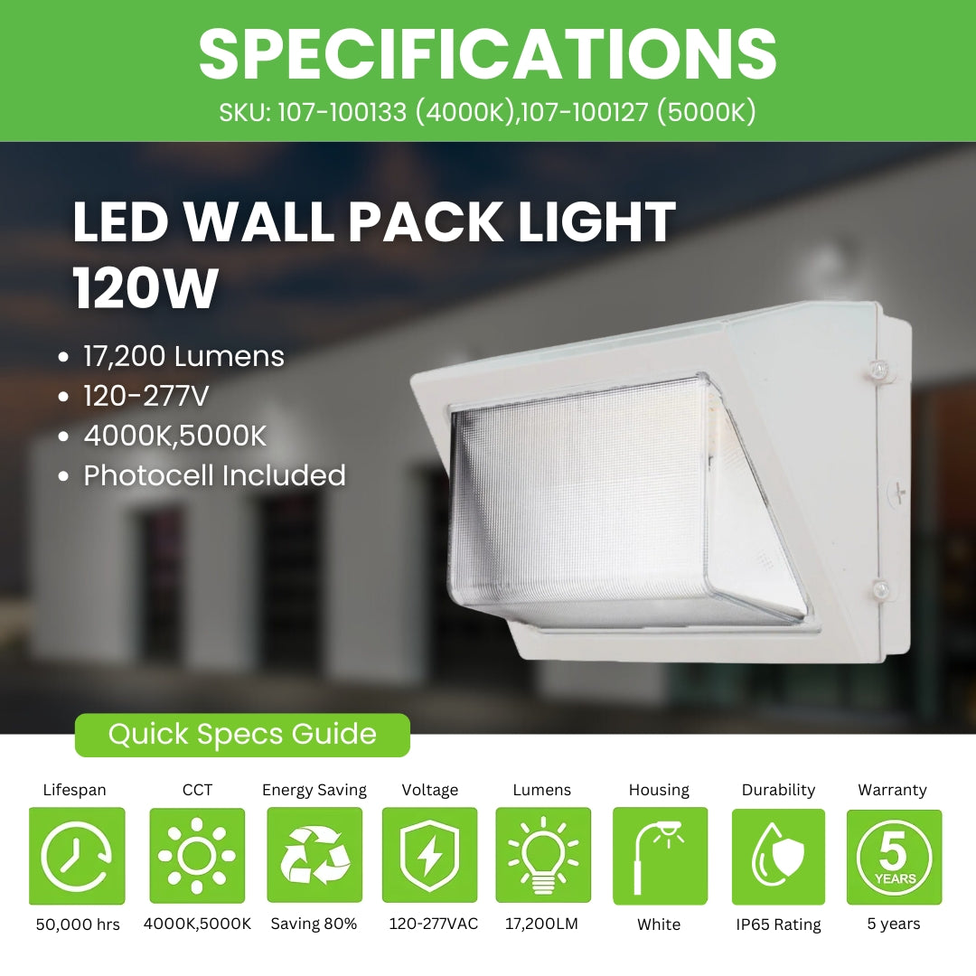 120W LED Wall Pack Light - 17,200 Lumens with Photocell Sensor - DLC 5.1 Certified - White Forward Throw Glass Lens (Model SWP5) - Perfect for Parking Lots, Warehouses & Building Exteriors