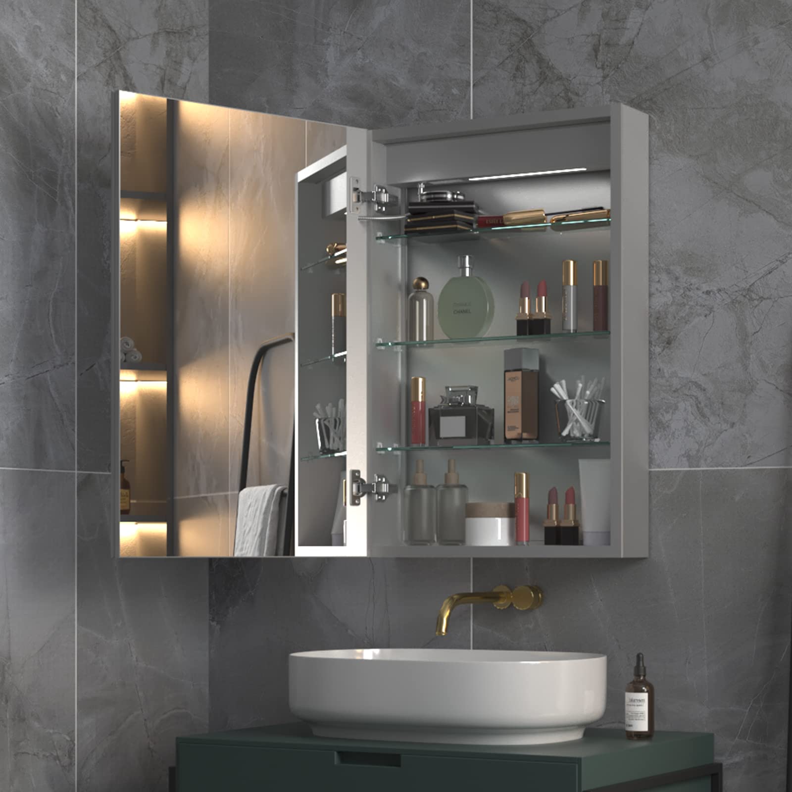 ExBrite 20x30 Inch LED Medicine Cabinet with Clock & Temperature Display - Recessed or Surface Mount, Anti-Fog Mirror, 3-Color Dimmable Lighting (Left Hinge) - Perfect for Bathroom, Bedroom, and Vanity Organization