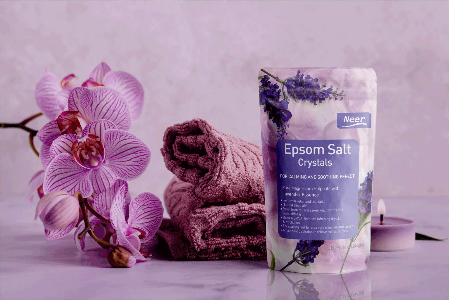 NEERCHEM Lavender Epsom Salt Crystals - 16oz (454g) Pure Magnesium Sulfate for Relaxation, Muscle Recovery & Stress Relief | Perfect for Bath Soak, Foot Soak & Aromatherapy Spa at Home